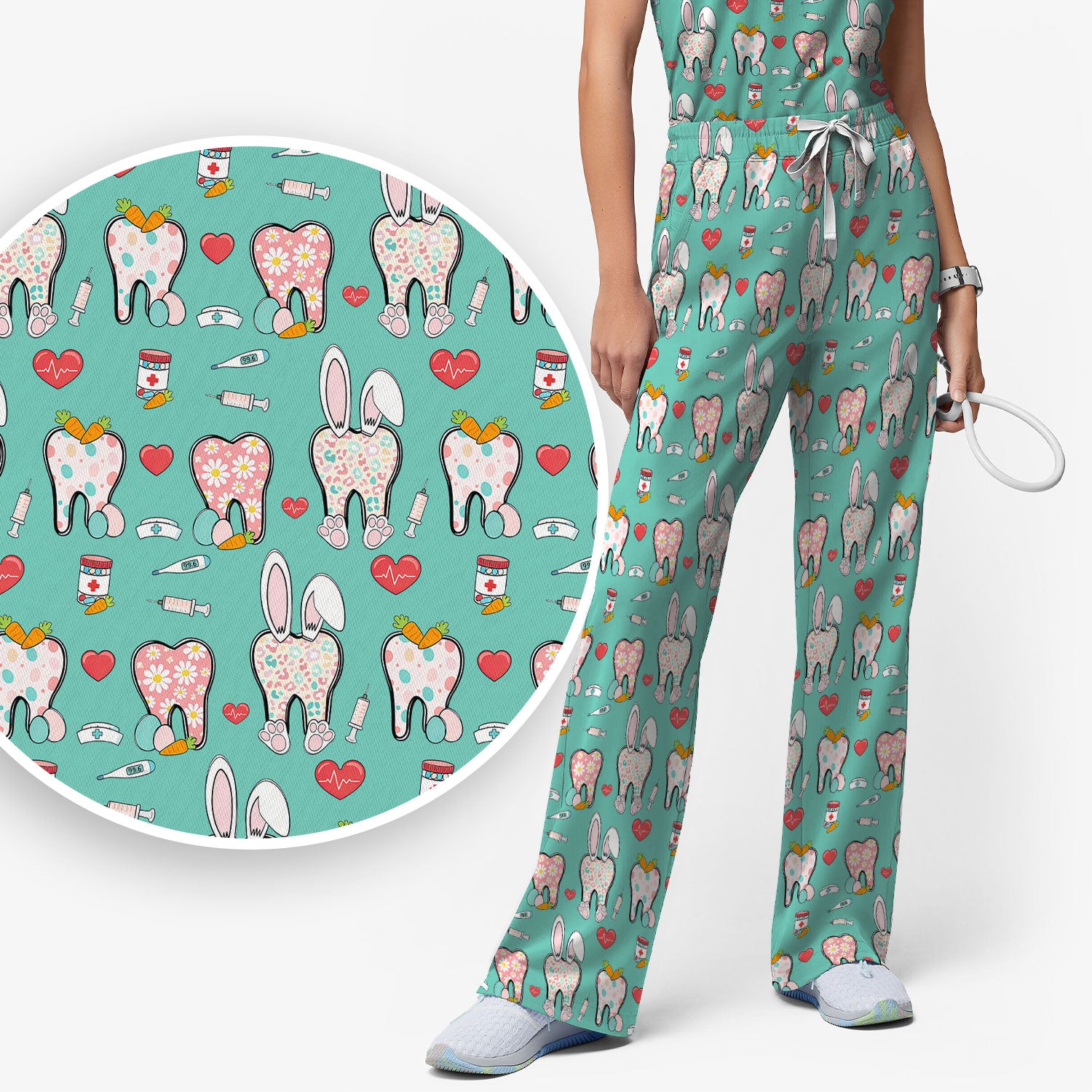 Playful Bunny Dentist Illustration Medical Set, Scrub Pants and V Neck Top