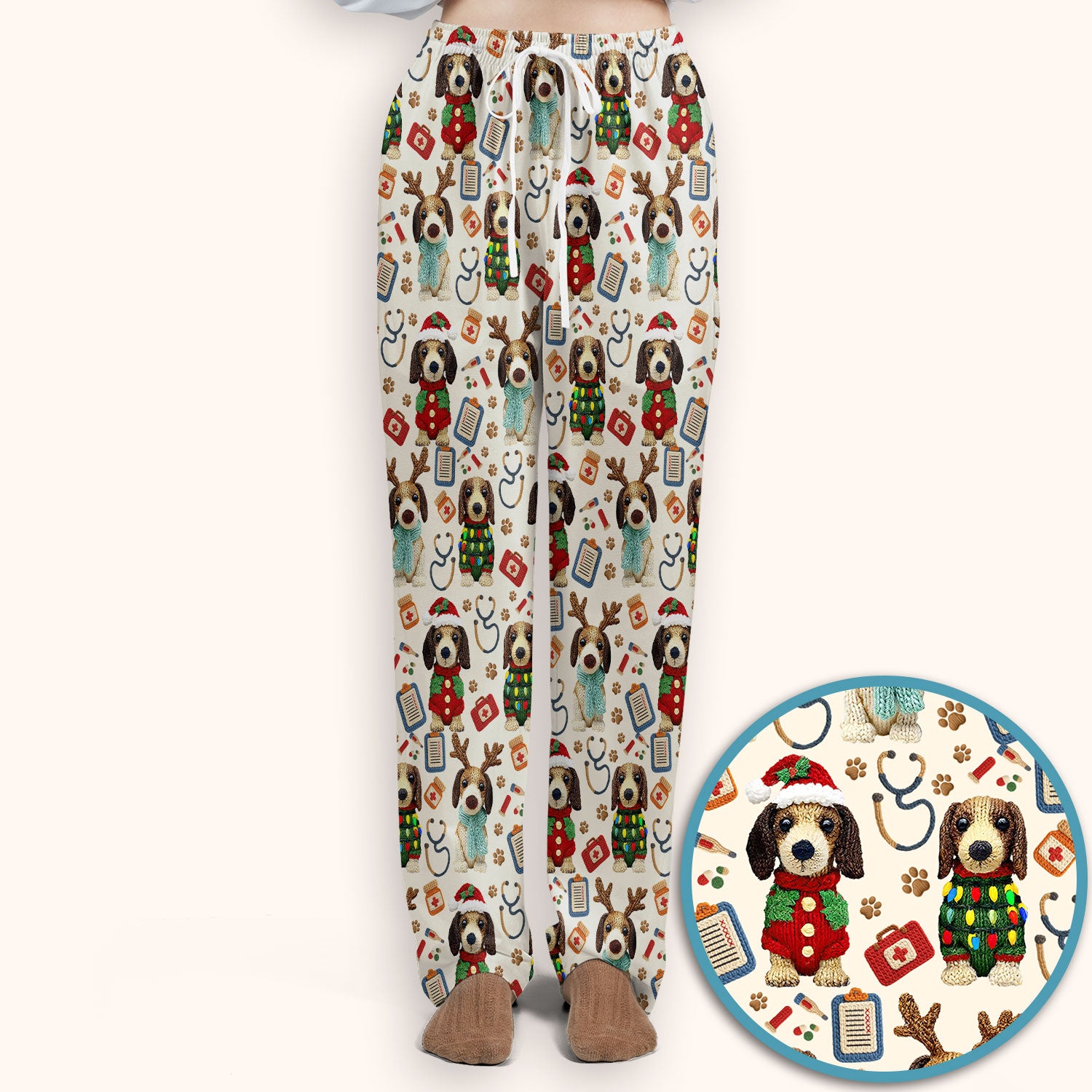Christmas Wiener Dog Scrubs Set for Women - Cute Dachshund Christmas Scrub Pants and V Neck Top - Puppy Lover Medical Uniform Gift