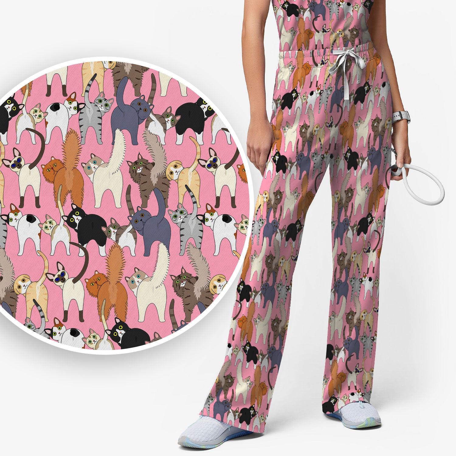 Whimsical Multicolor Cat Cartoon Pattern Scrub Set, Breathable Med Uniform