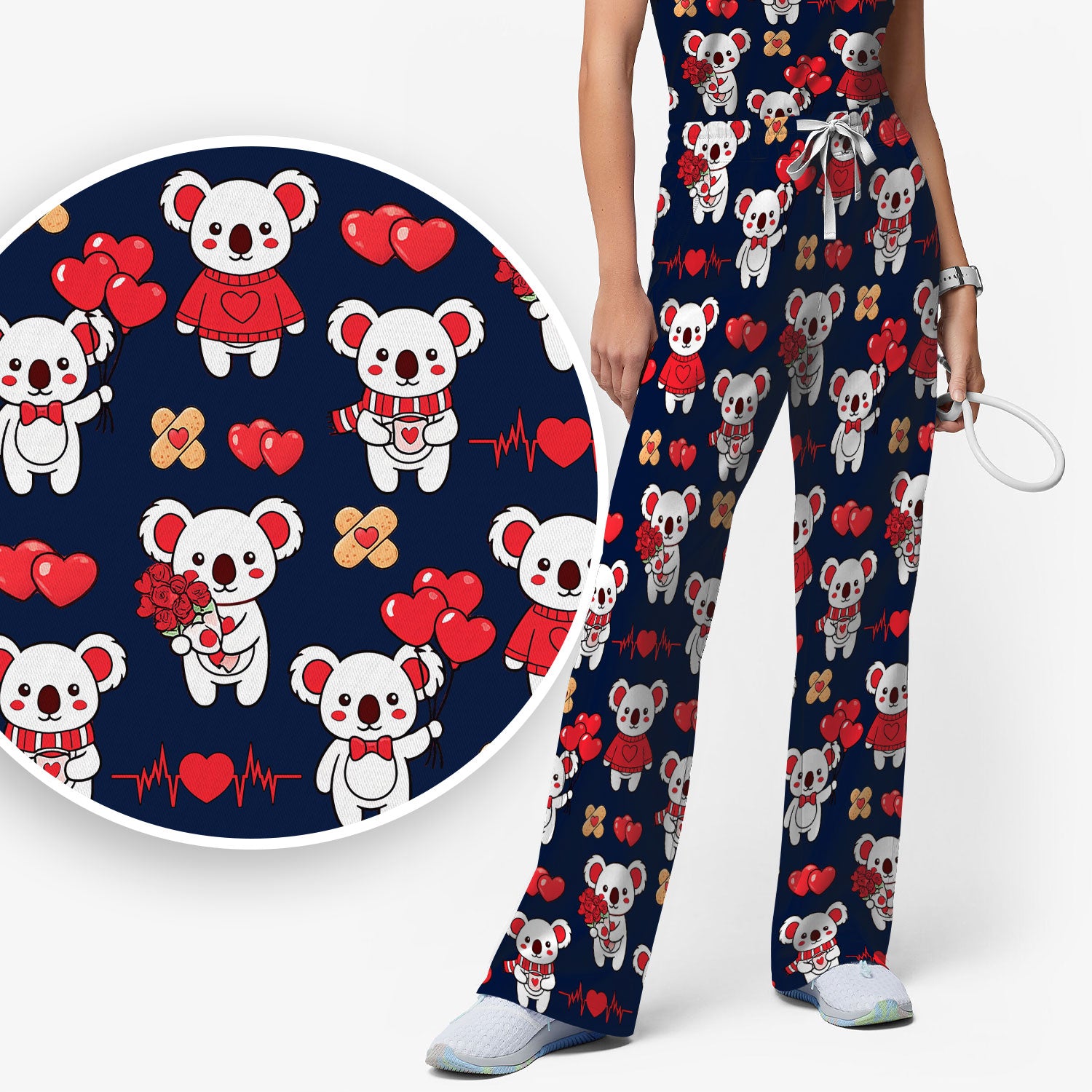 Sweet Koala Valentine Medical Design Scrub Set, Breathable Med Uniform