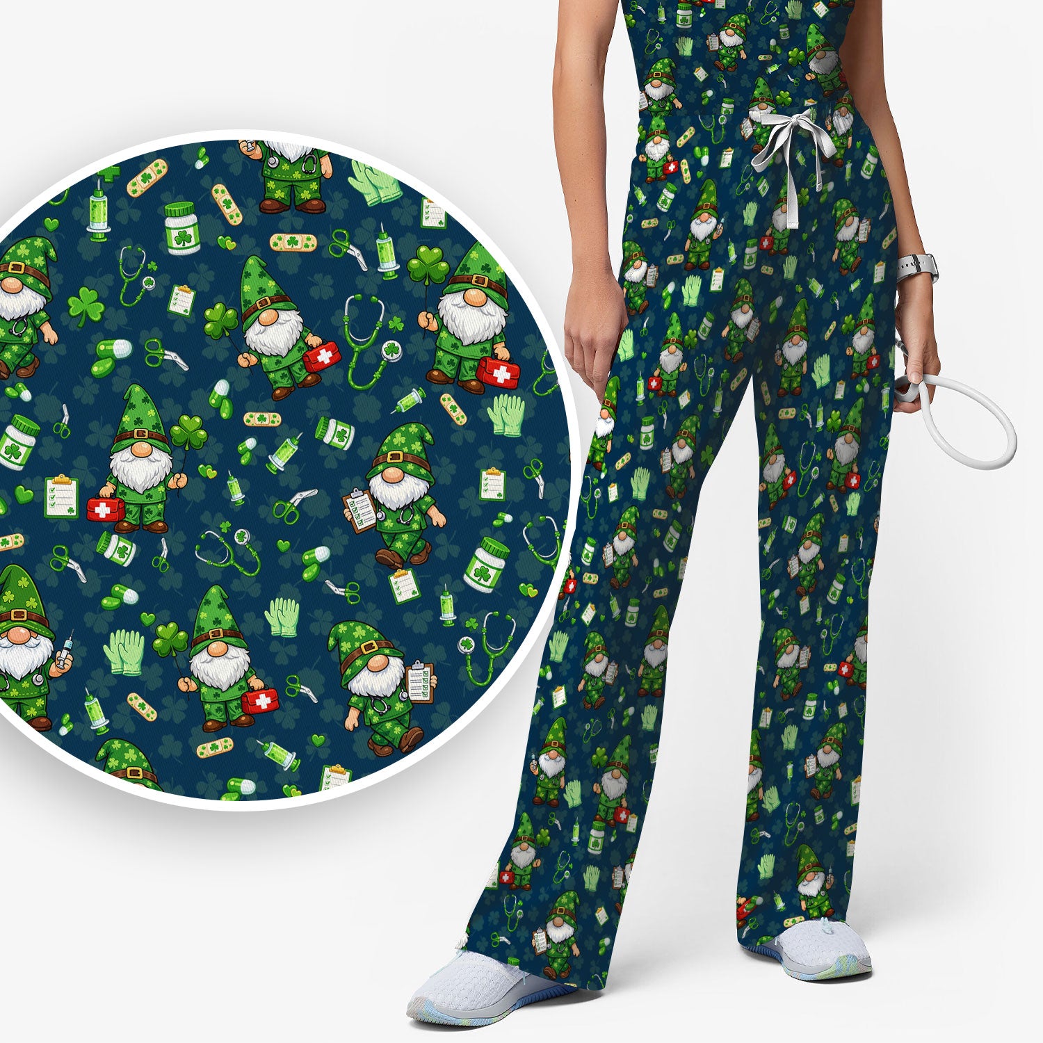St. Patrick’s Day Nurse Gnome Scrub Set, Green Lucky Medical Pattern Nurse Shirt, Breathable Fabrics Nursing Uniform