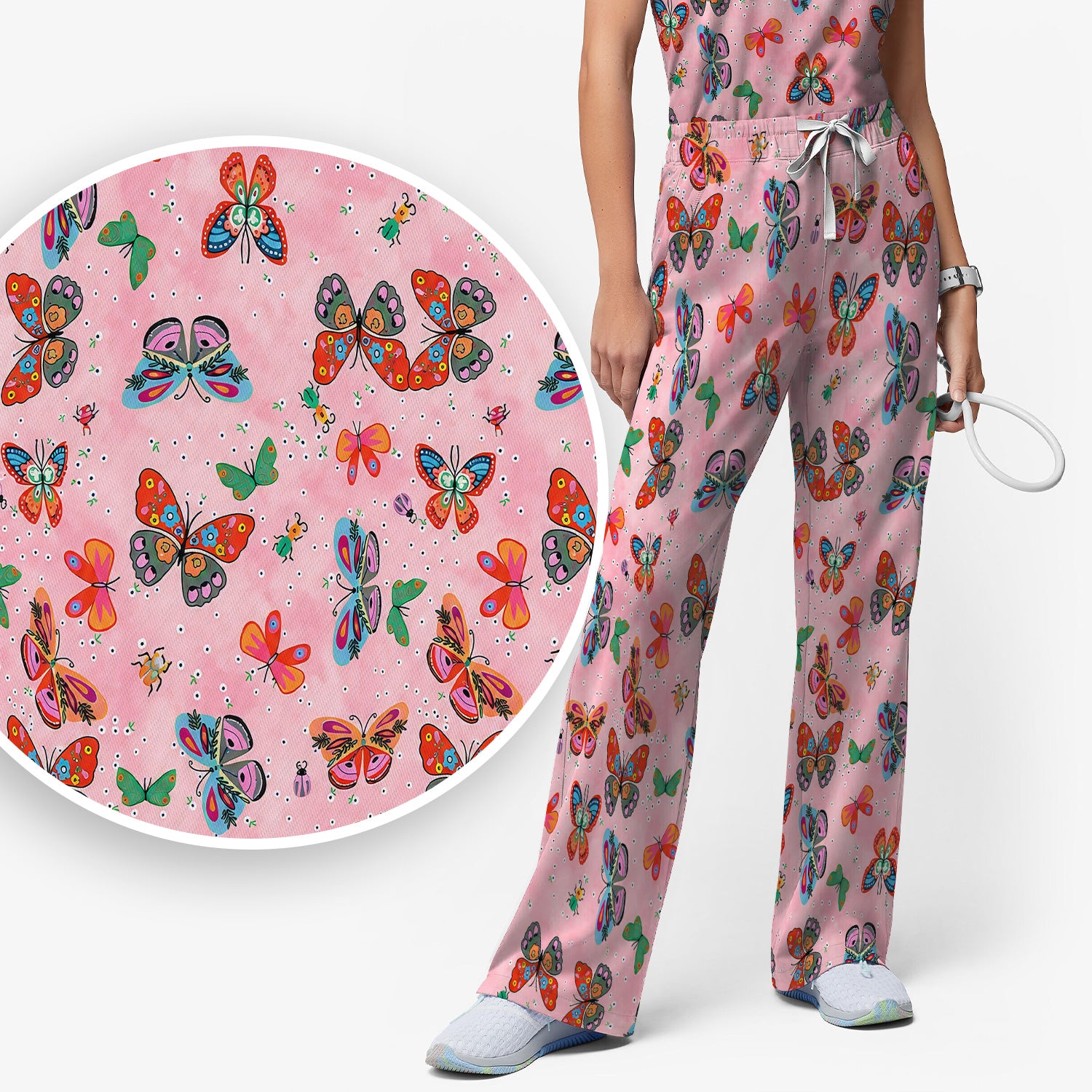 Colorful Butterfly Garden Pattern Scrub Set, Scrub Pants and V Neck Top
