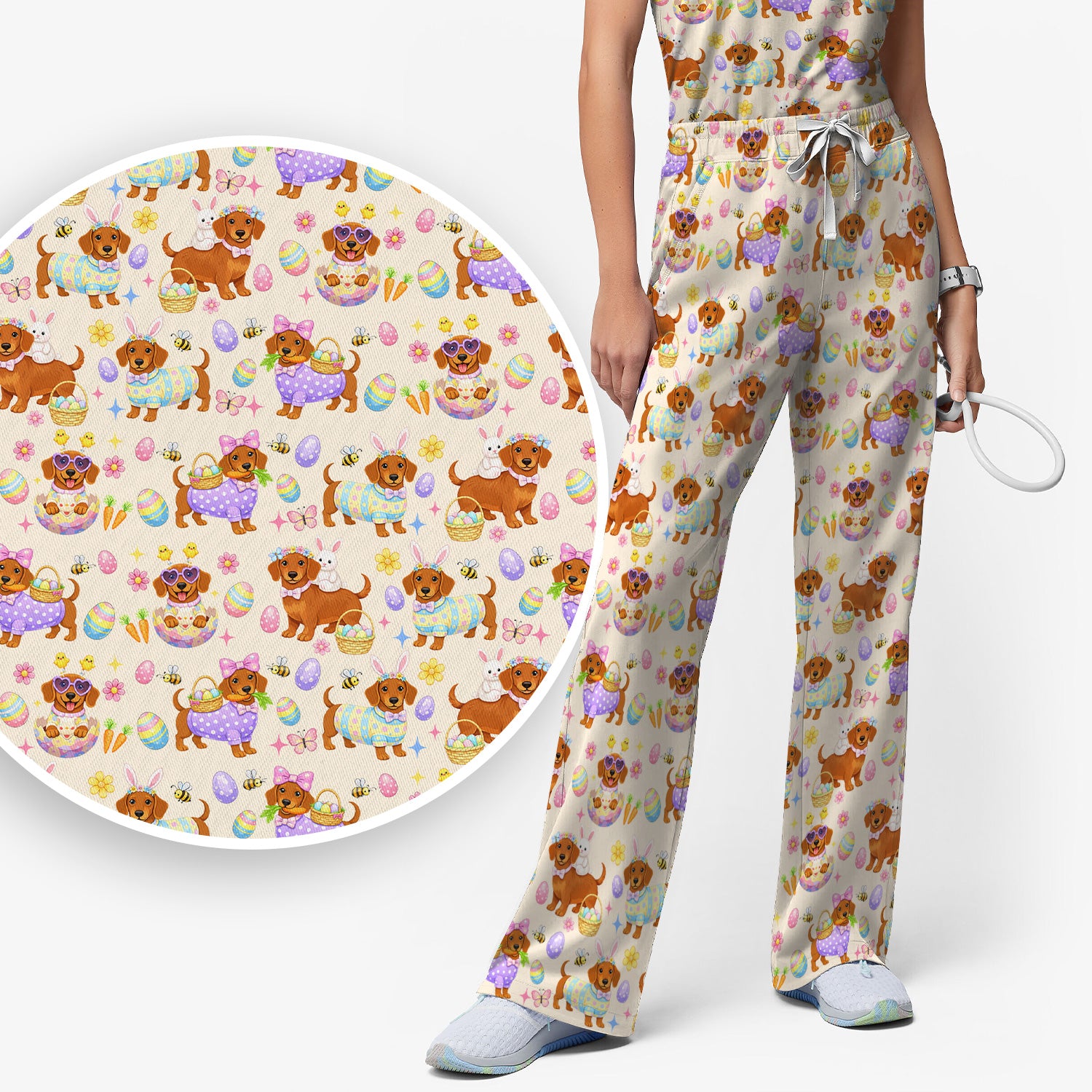 Cute Easter Dachshund Dog Pattern Scrub Set, Scrub Pants and V Neck Top
