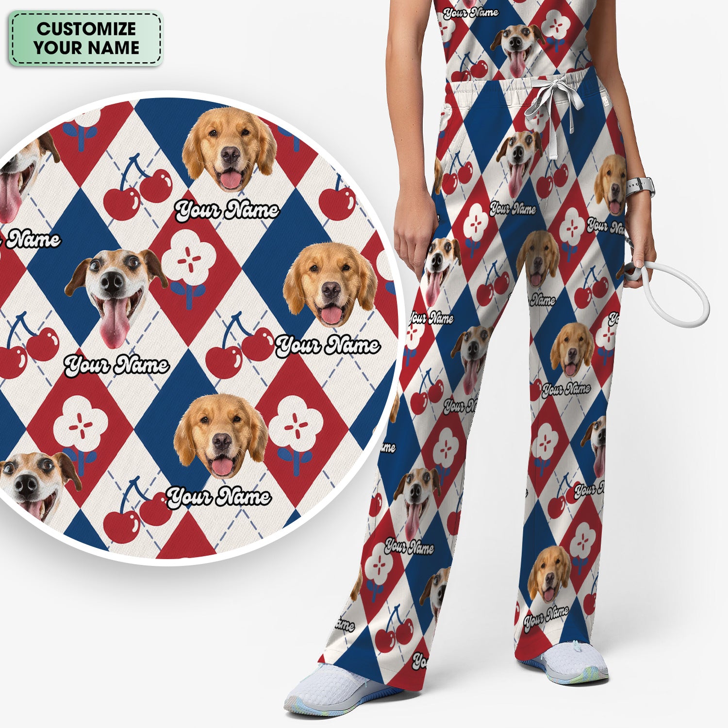 Custom Dog Face Scrub Set, Playful Dog Cherry Argyle Pattern Shirt, Breathable Fabrics Nursing Uniform
