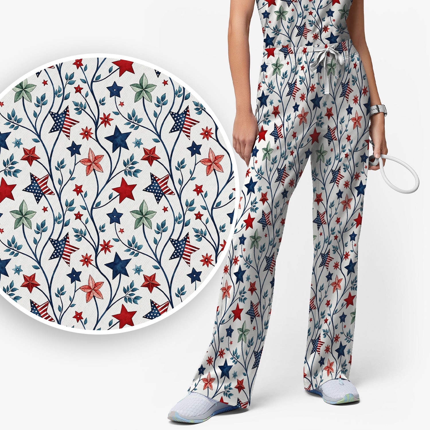 Patriotic Star Vine Floral Print Scrub Set, Scrub Pants and V Neck Top