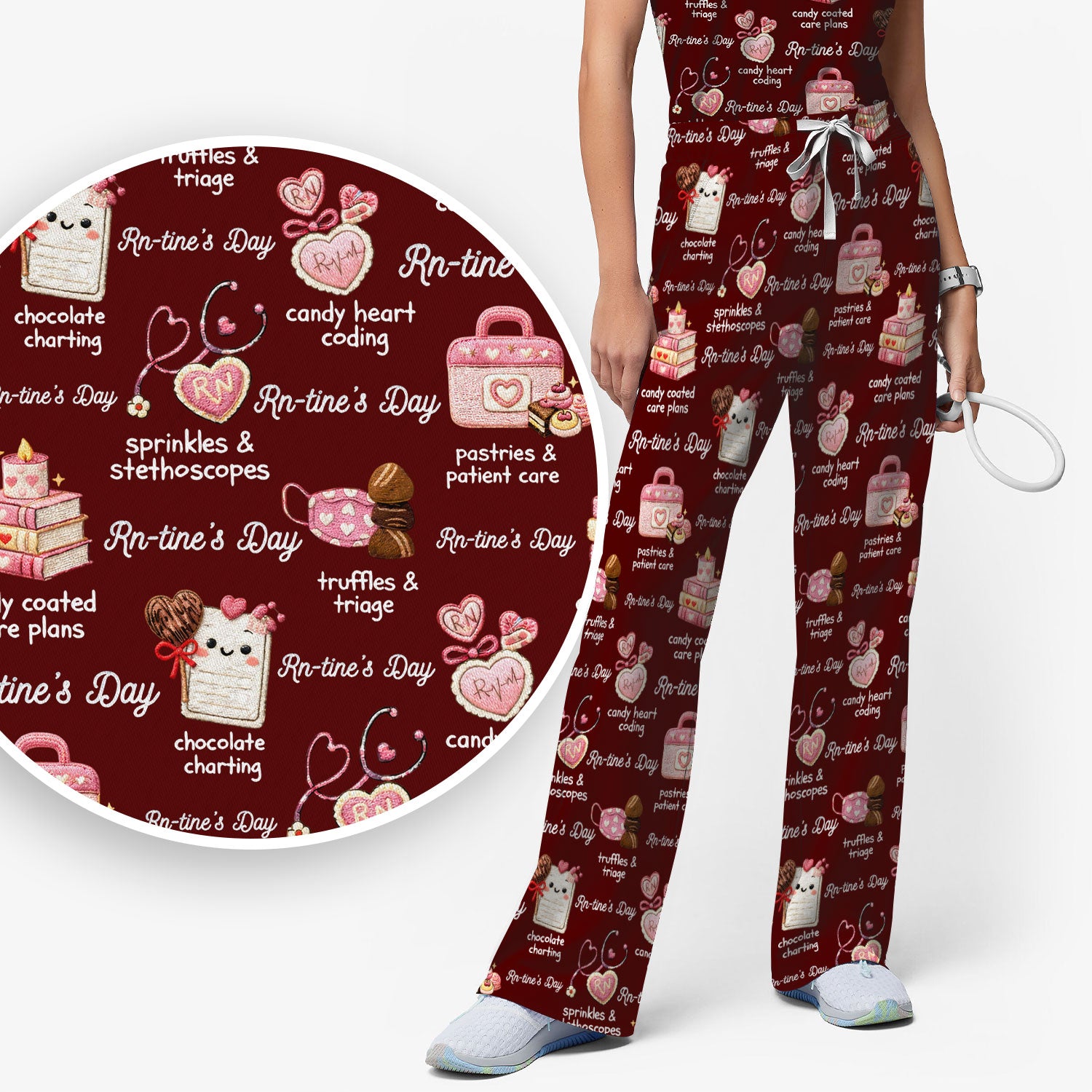 RN Sweets Valentine Stethoscope Scrub Set, Scrub Pants and V Neck Top