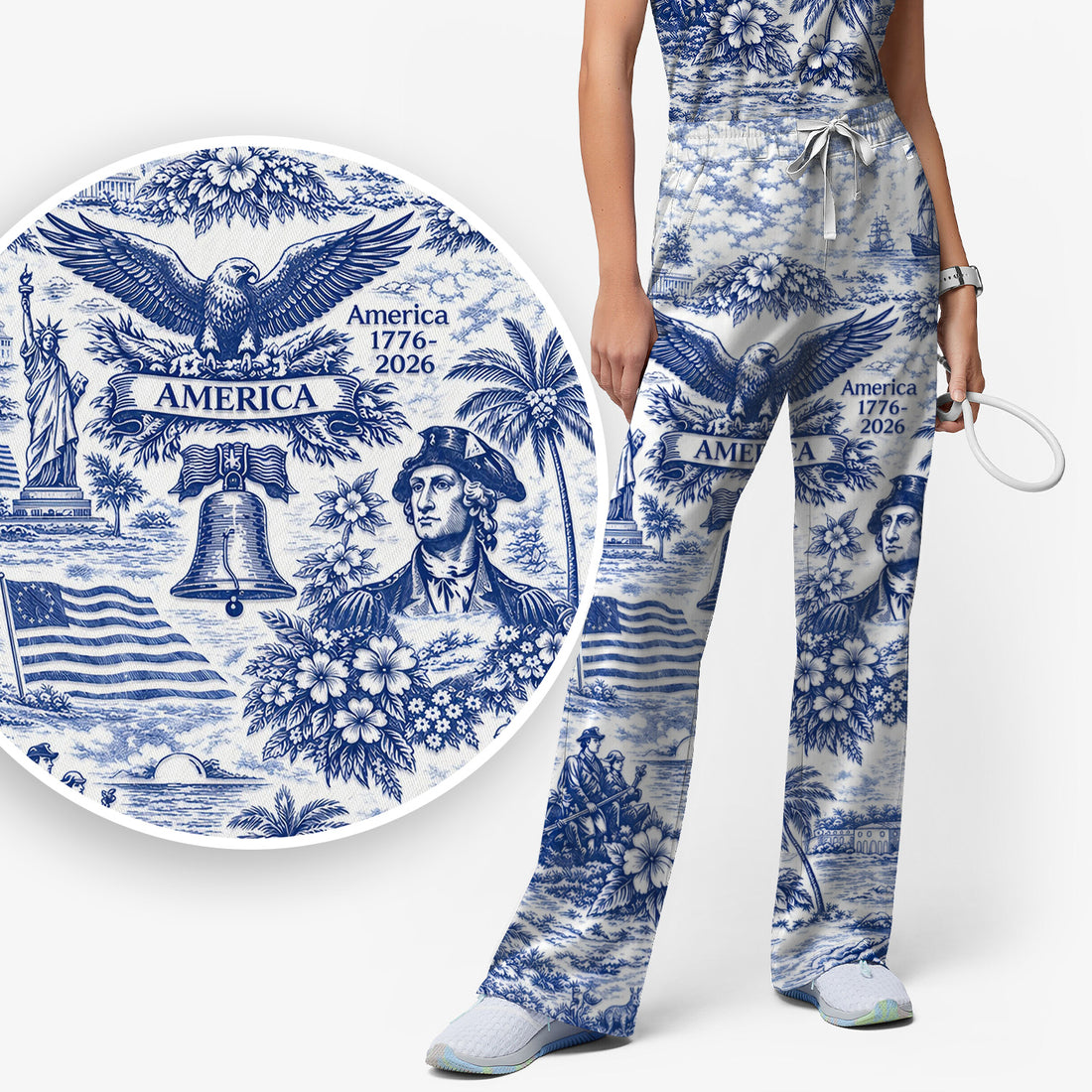 Patriotic America Heritage Toile Pattern Scrub Set, Women's Scrub Sets