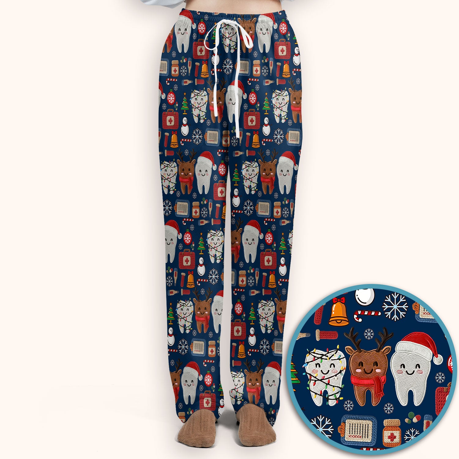 Christmas Dental Scrub Set - Cute Santa & Reindeer Tooth Pants and V Neck Top - Funny Gift for Dentists, Hygienists, Nurses