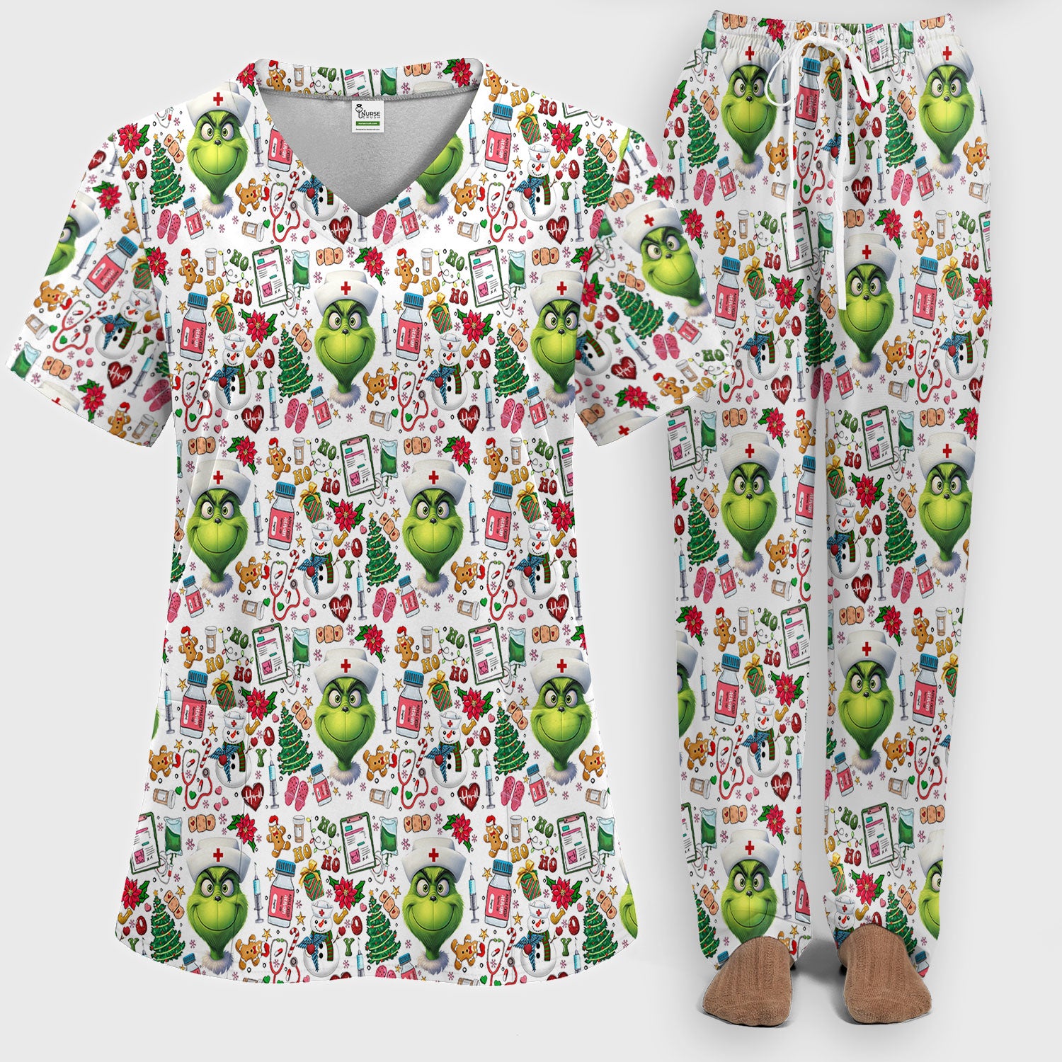 Funny Grinch Scrub Set for Women - Christmas Medical Uniform Top and Pants - Holiday Ugly Sweater Comfortable Nursing Outfit