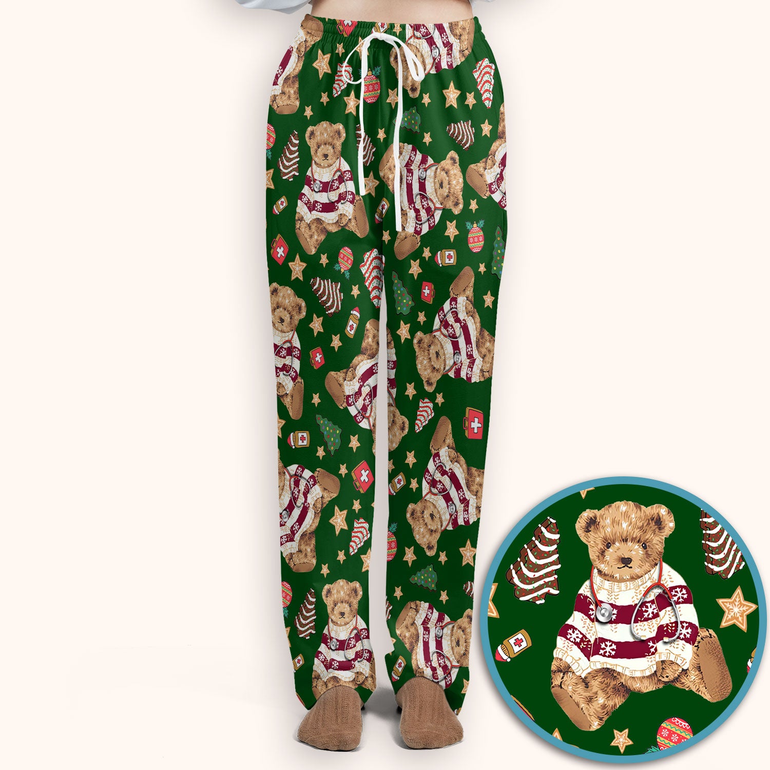 Teddy Bear Christmas Scrub Set - Festive Scrubs Pants and V Neck Top for Women - Gift for Nurses RN CNA LPN