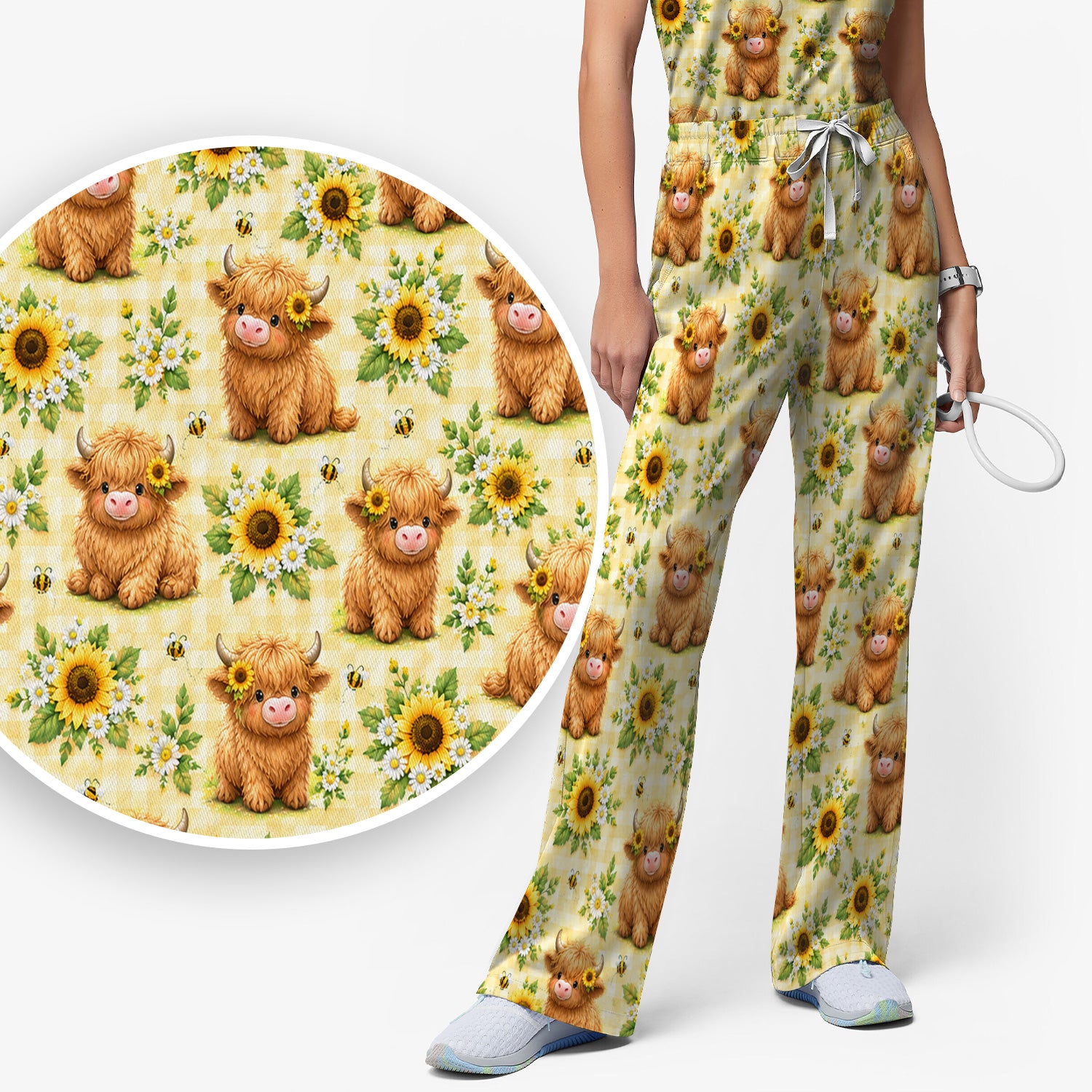 Sunflower Highland Cow And Bee Pattern Scrub Set, Scrub Pants and V Neck Top