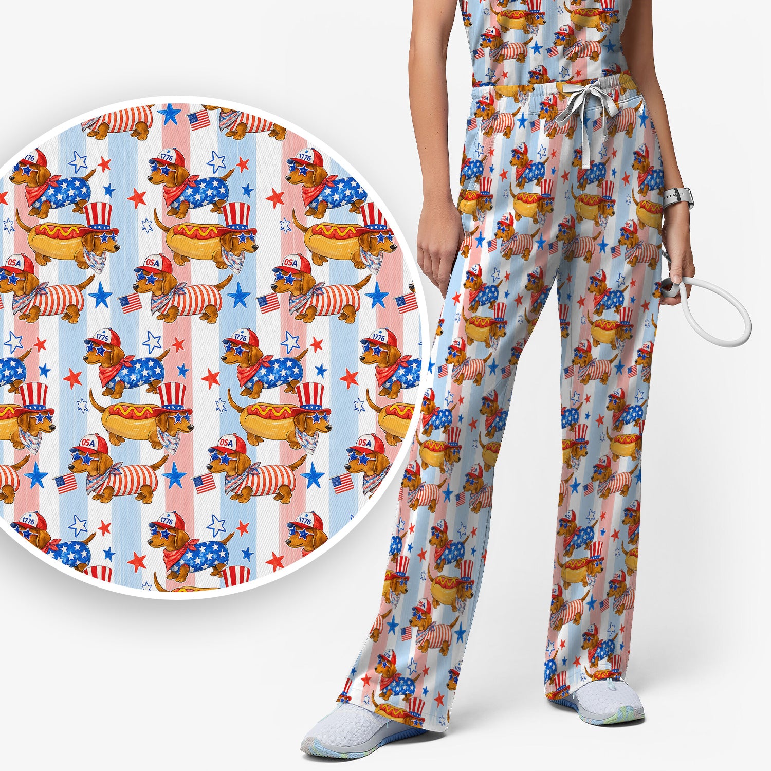 Fourth Of July Dachshund Pattern Scrub Set, Scrub Pants and V Neck Top