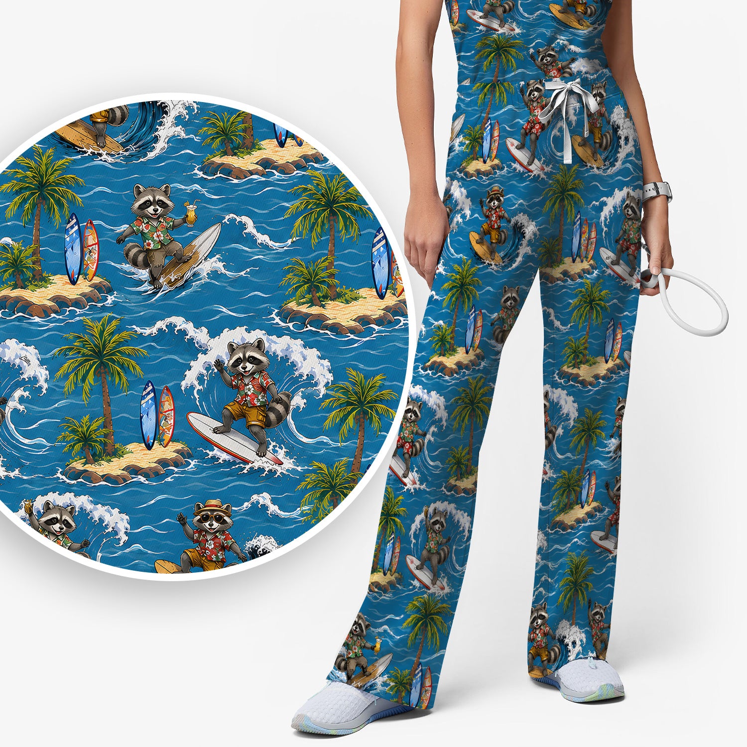 Tropical Surfing Raccoon Island Pattern Scrub Set, Scrub Pants and V Neck Top