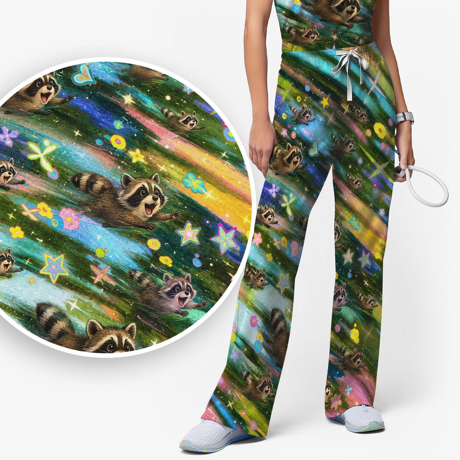 Cute Raccoon Rainbow Dash Pattern Scrub Set, Scrub Pants and V Neck Top