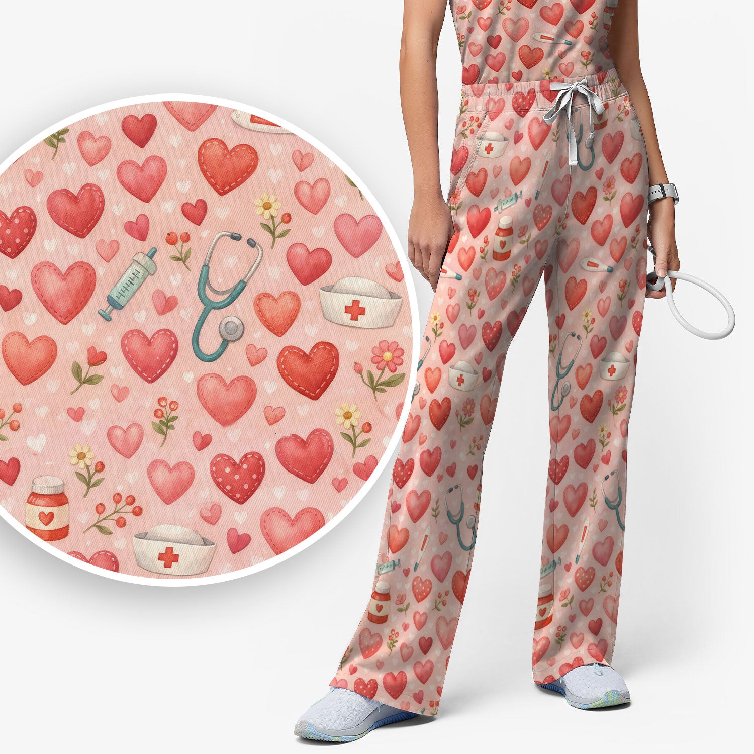 Cute Medical Heart Pattern Scrub Set, Valentine Nurse Scrub Shirt, Breathable Fabrics Nursing Uniform