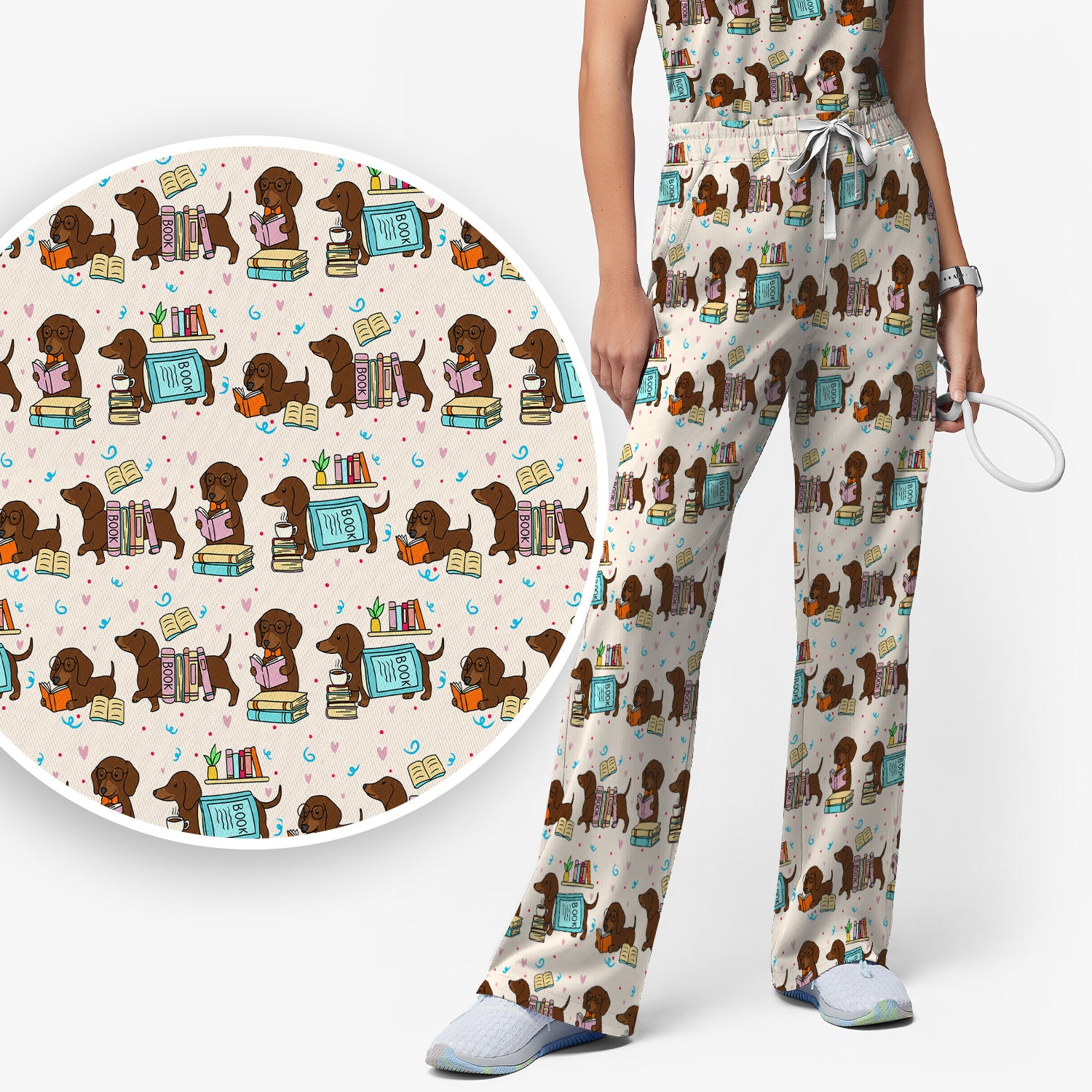 Cute Bookish Dachshund Reading Scrub Set, Scrub Pants and V Neck Top