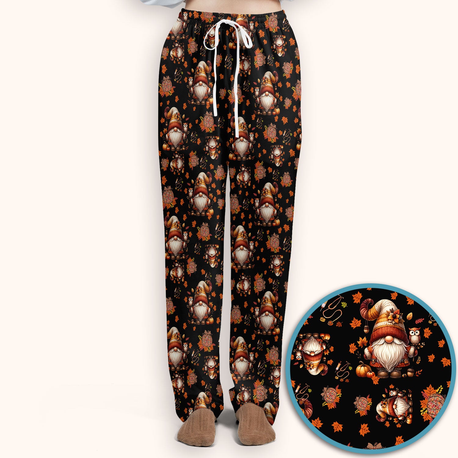 Fall Gnome Women's Scrub Sets - Autumn Leaves Pumpkin Scrub Pants and V Neck Top - Thanksgiving Nursing Uniform