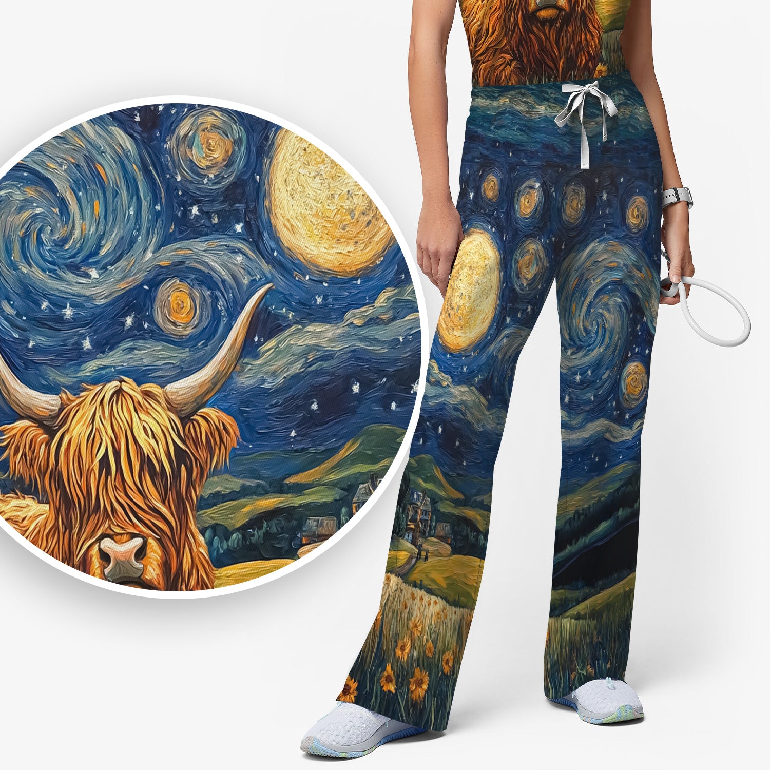 Artistic Highland Cow Starry Night Scene Pattern Scrub Set, Scrub Pants and V Neck Top