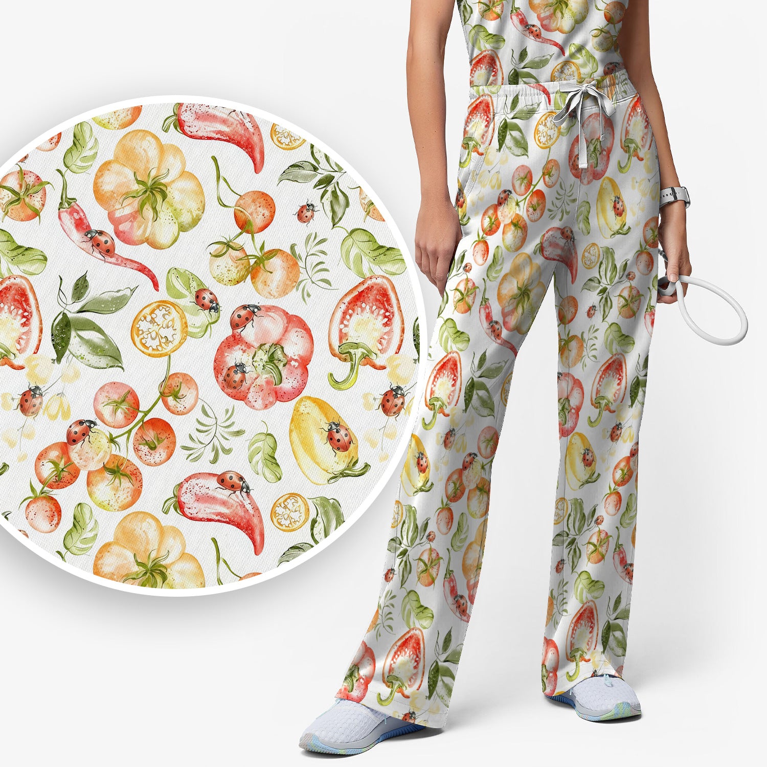 Cute Watercolor Veggie Ladybug Pattern Scrub Set, Scrub Pants and V Neck Top