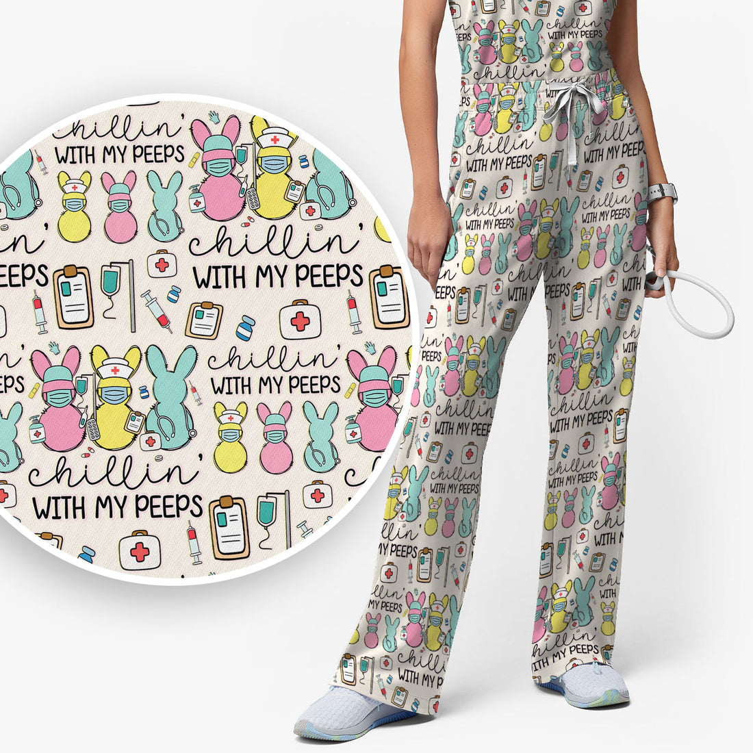 Cute Bunny Nurse Chillin With My Peeps Scrub, Women's Scrub Sets