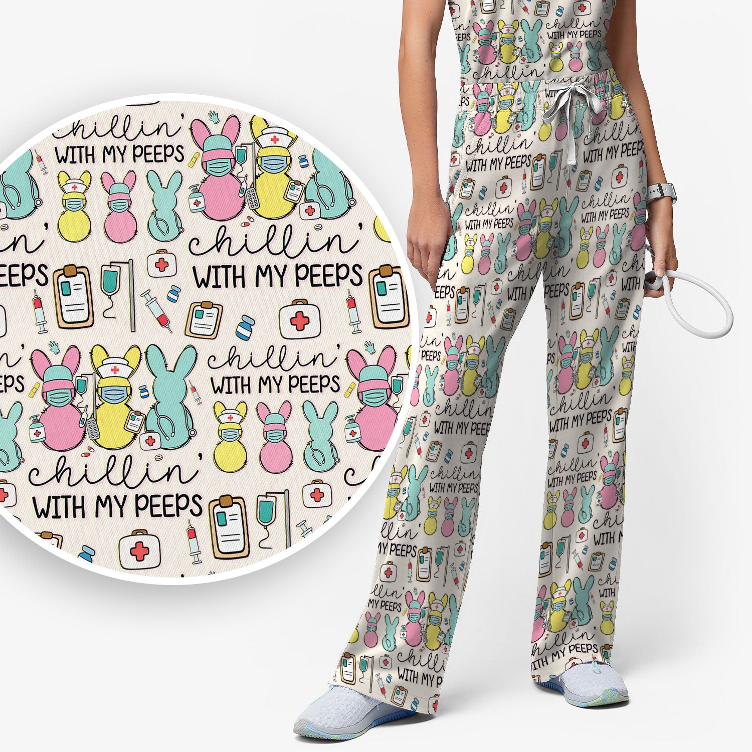 Cute Bunny Nurse Chillin With My Peeps Scrub, Women's Scrub Sets