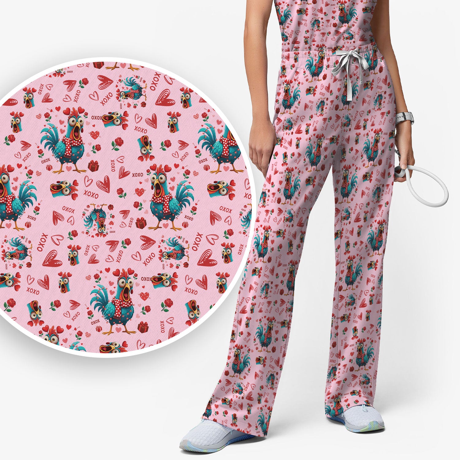 Funny Rooster Valentine Scrub Set, Cute Chicken XOXO Heart Pattern Nurse Shirt, Breathable Fabrics Nursing Uniform