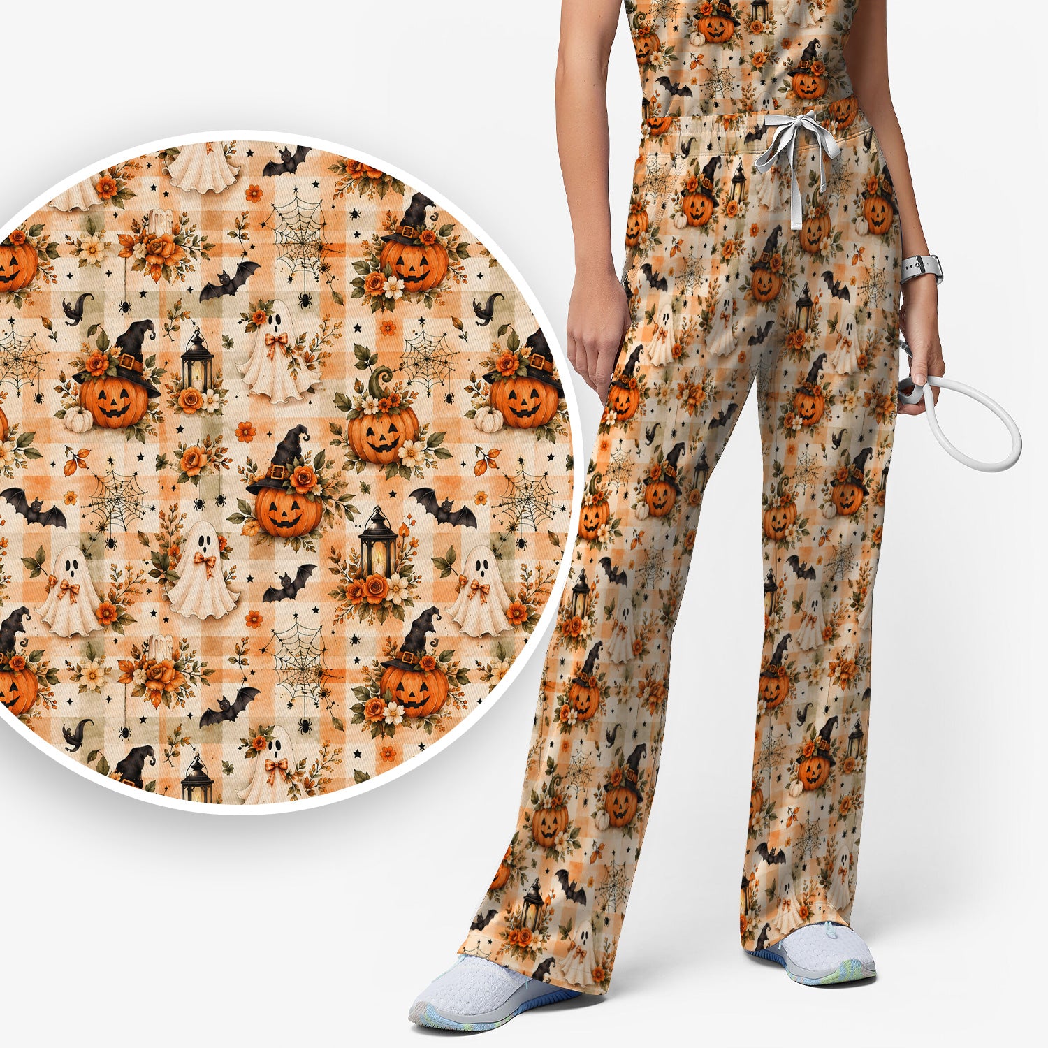 Vintage Halloween Pumpkin And Ghost Scrub Set, Scrub Pants and V Neck Top