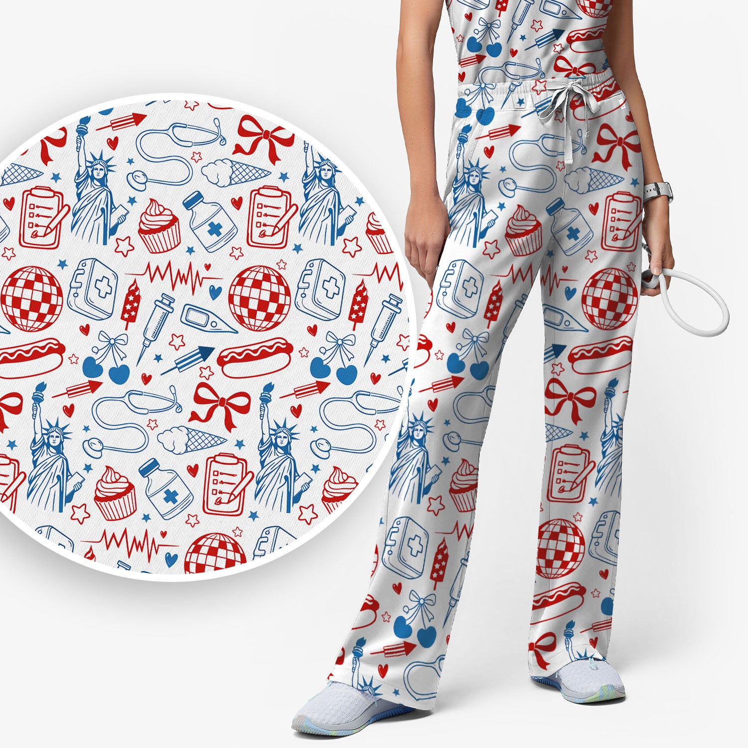 Patriotic Nurse Medical Icons Pattern Scrub Set, Scrub Pants and V Neck Top