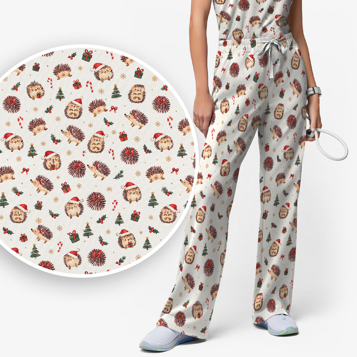 Christmas Hedgehogs And Gifts Scrub Set, Scrub Pants and V Neck Top