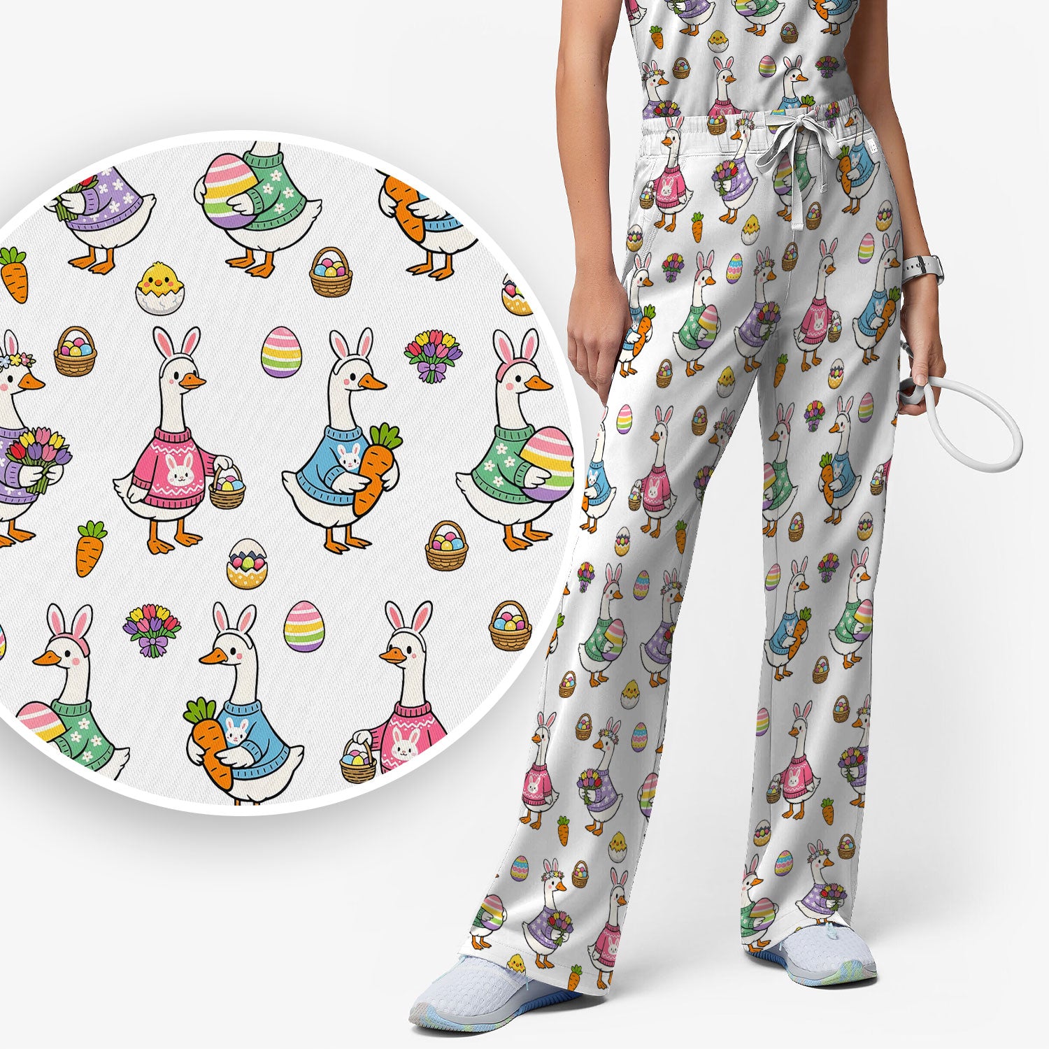 Cute Easter Goose Print Scrub Set, Breathable Med Uniform
