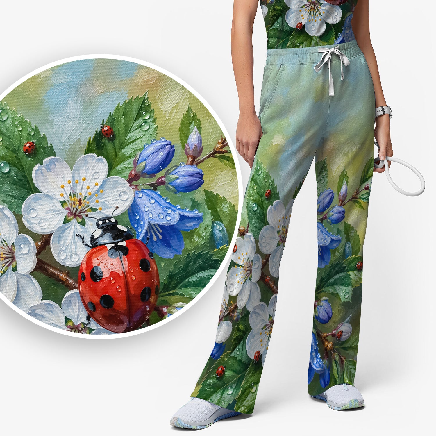 Cute Ladybug Blossom Garden Pattern Scrub Set, Scrub Pants and V Neck Top