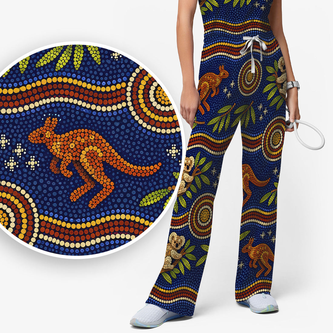 Australian Aboriginal Dot Art Scrub Set, Kangaroo ANd Koala Pattern Nurse Shirt, Breathable Fabrics Nursing Uniform