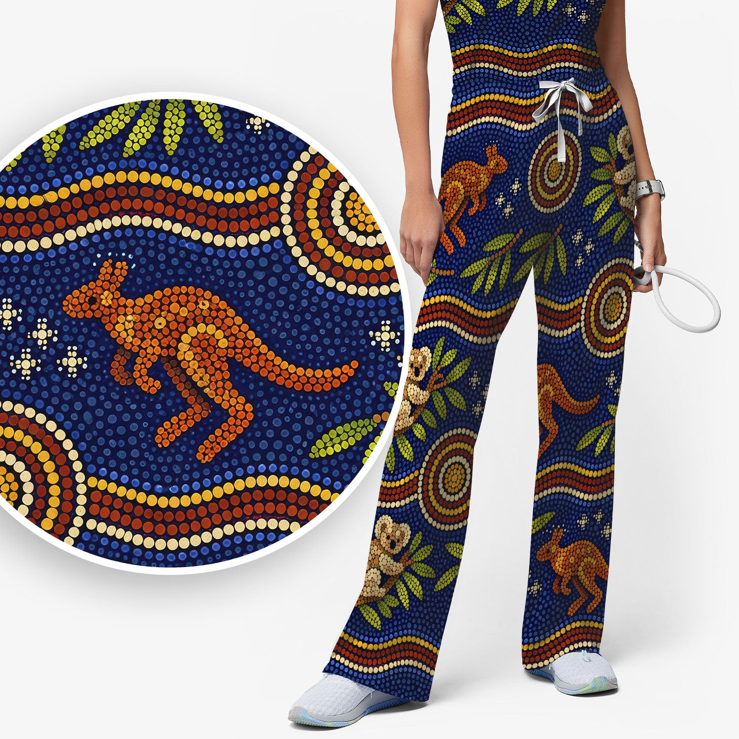 Australian Aboriginal Dot Art Scrub Set, Kangaroo ANd Koala Pattern Nurse Shirt, Breathable Fabrics Nursing Uniform