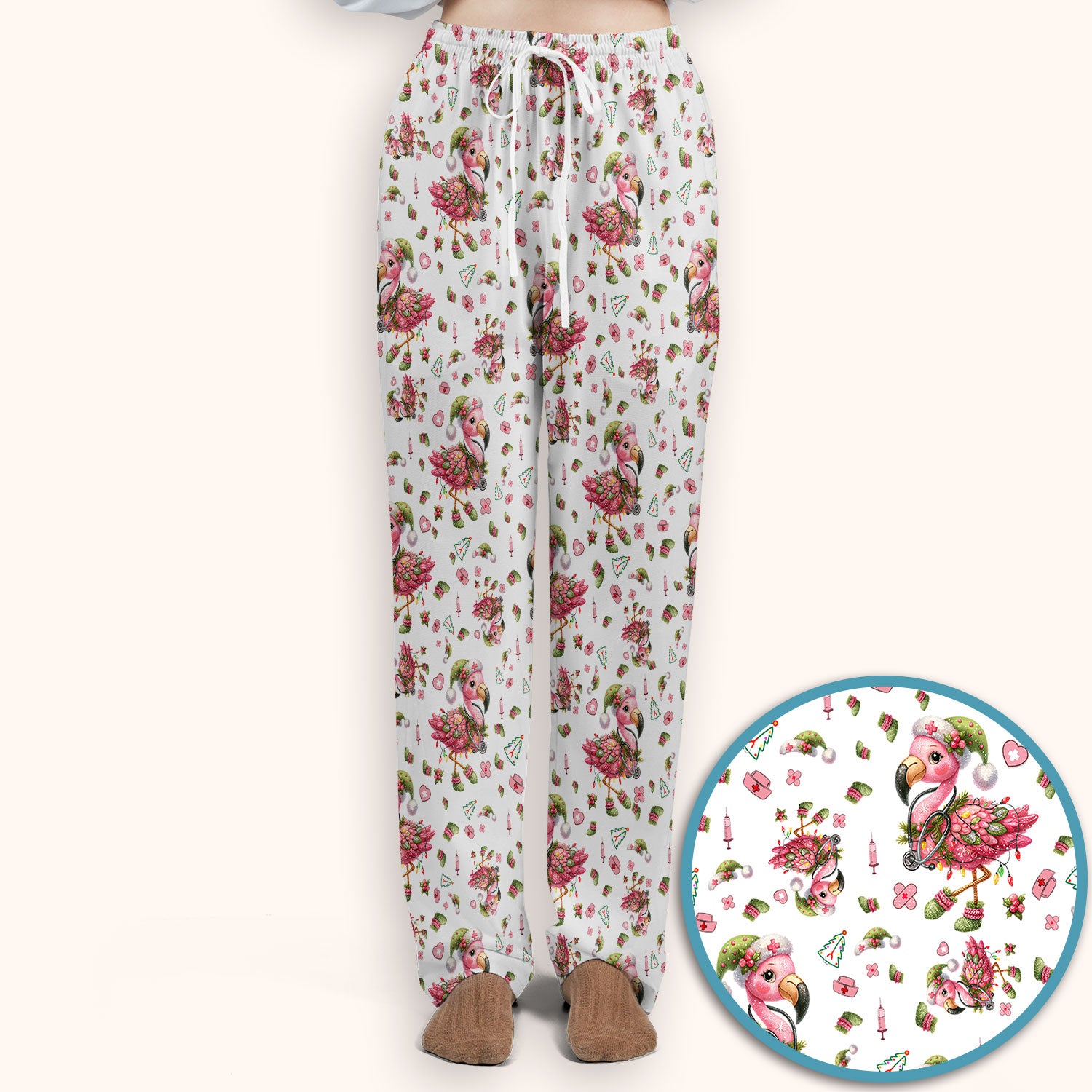 Pink Flamingo Christmas Scrub Set - Cute Flamingo Scrubs Pants and V Neck Top - Fun Christmas Medical Uniform