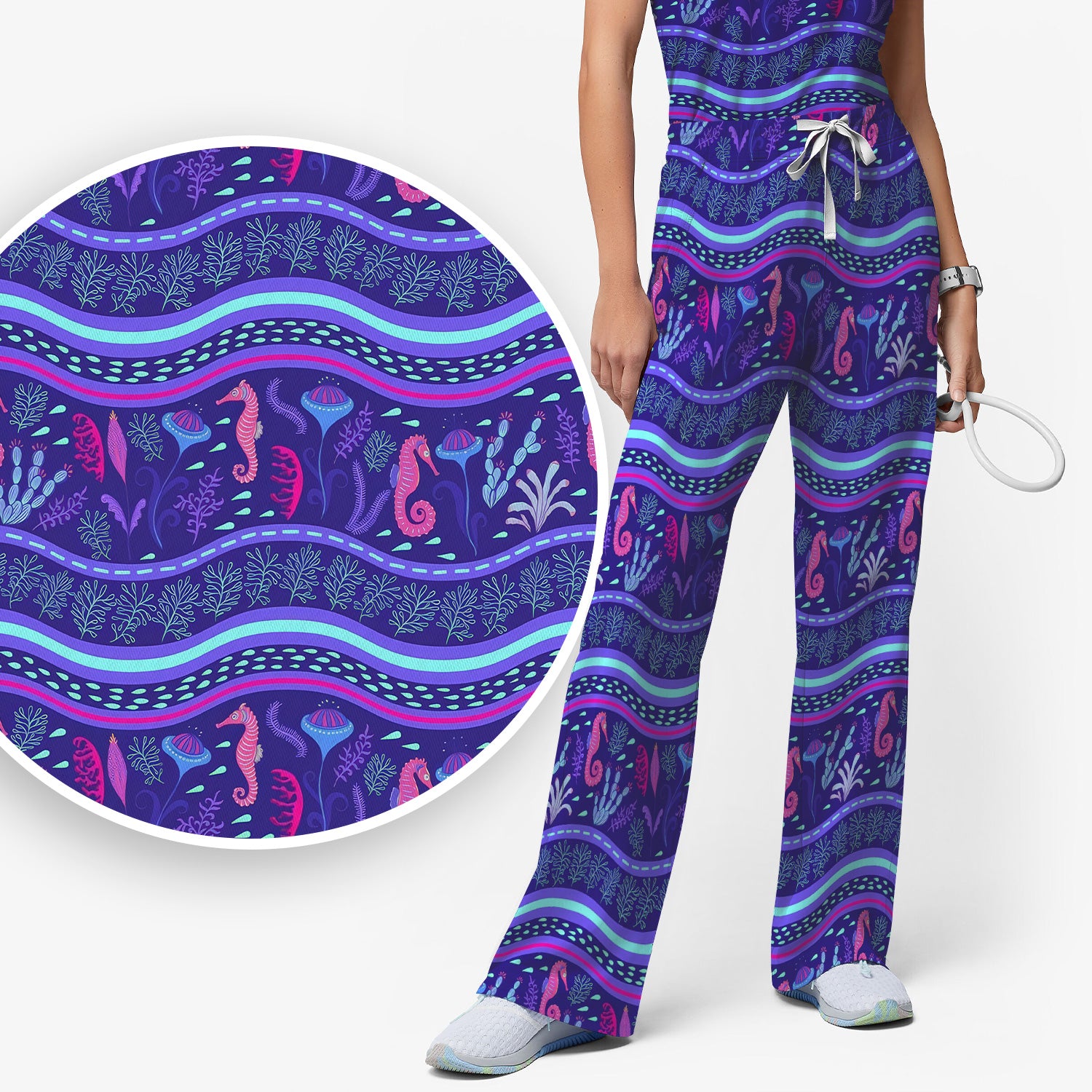 Purple Seahorse Ocean Pattern Scrub Set, Scrub Pants and V Neck Top