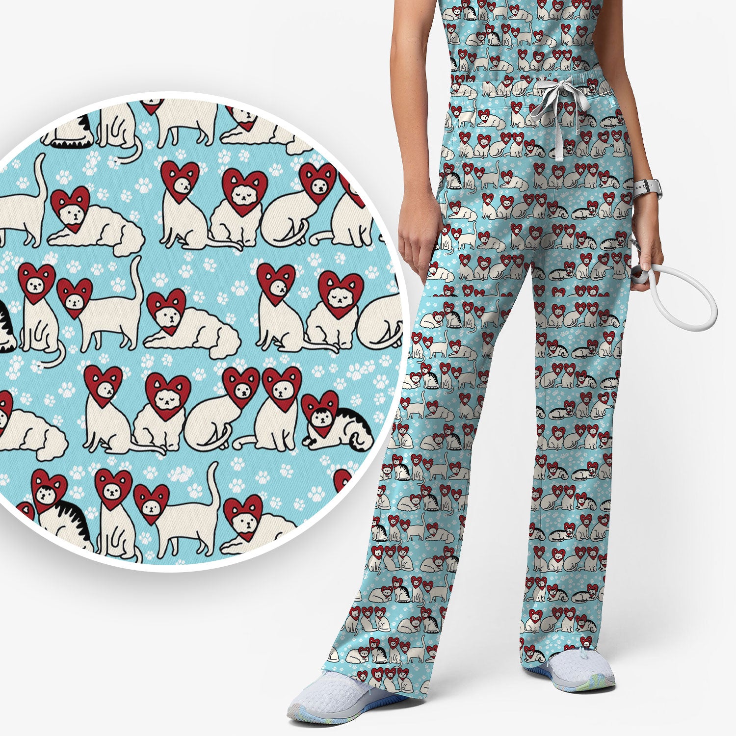 Cute Cat Heart Pattern Scrub Set, Funny Cat Scrub Shirt For Nurses, Breathable Fabrics Nursing Uniform