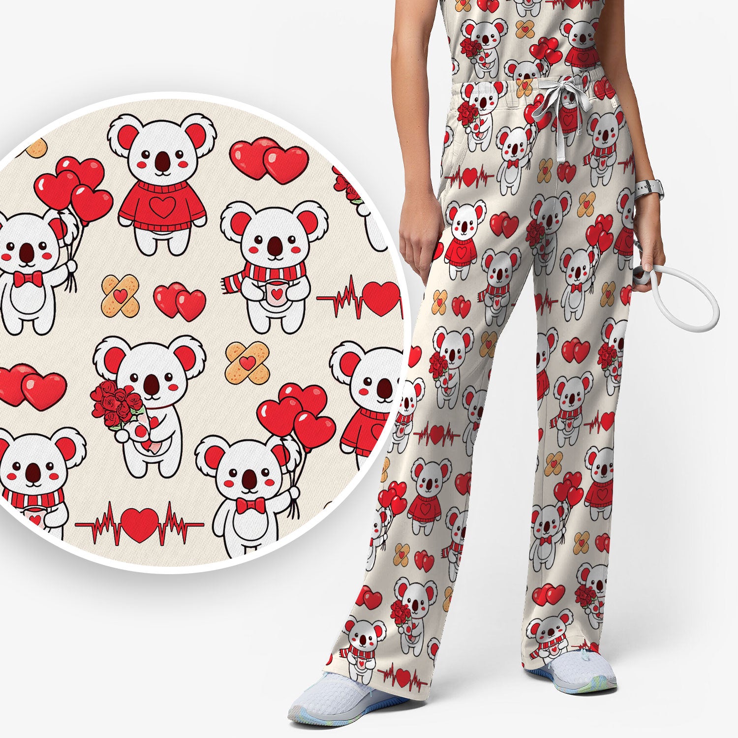 Sweet Koala Valentine Medical Design Scrub Set, Breathable Med Uniform