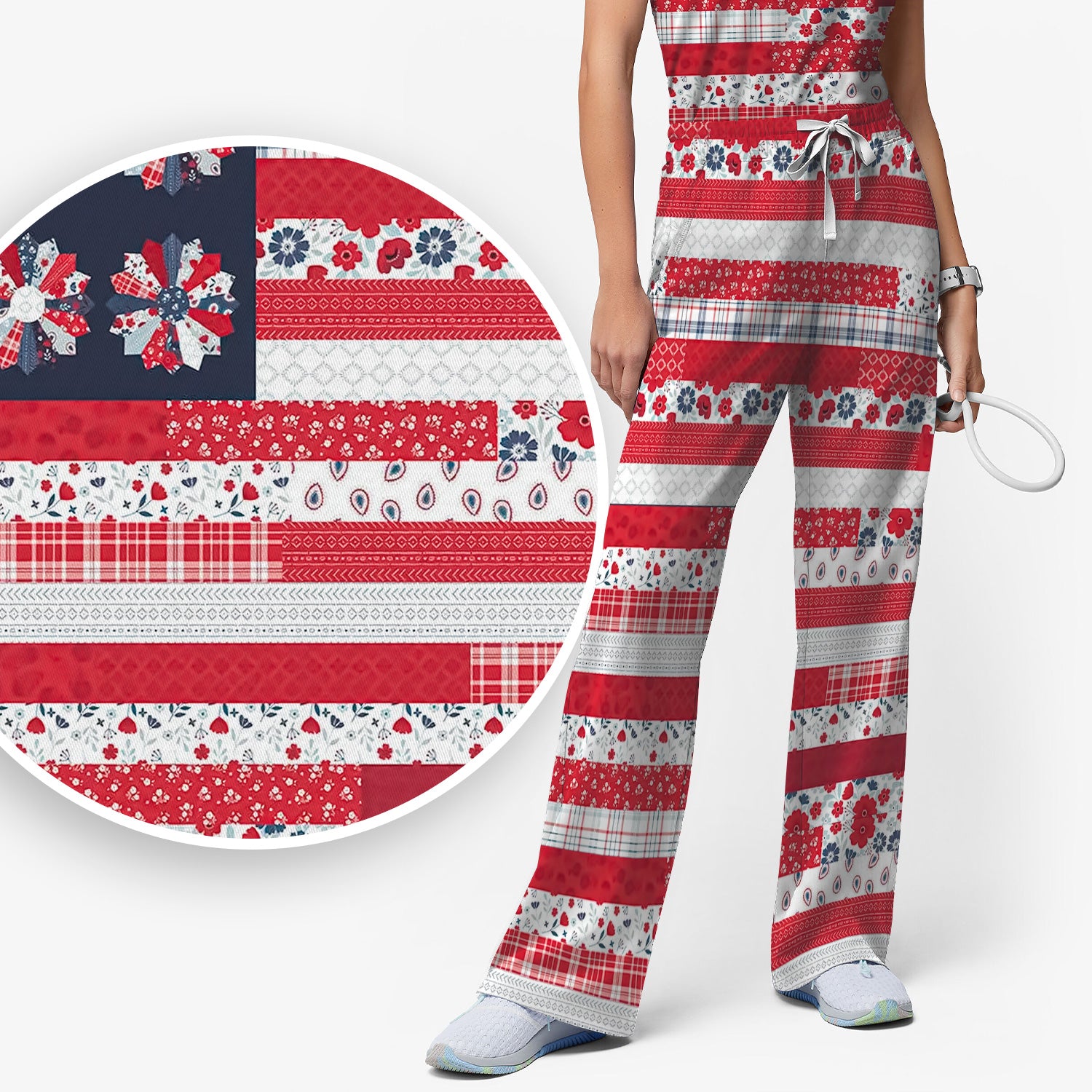 Patriotic Floral Flag Patchwork Pattern Scrub Set, Scrub Pants and V Neck Top