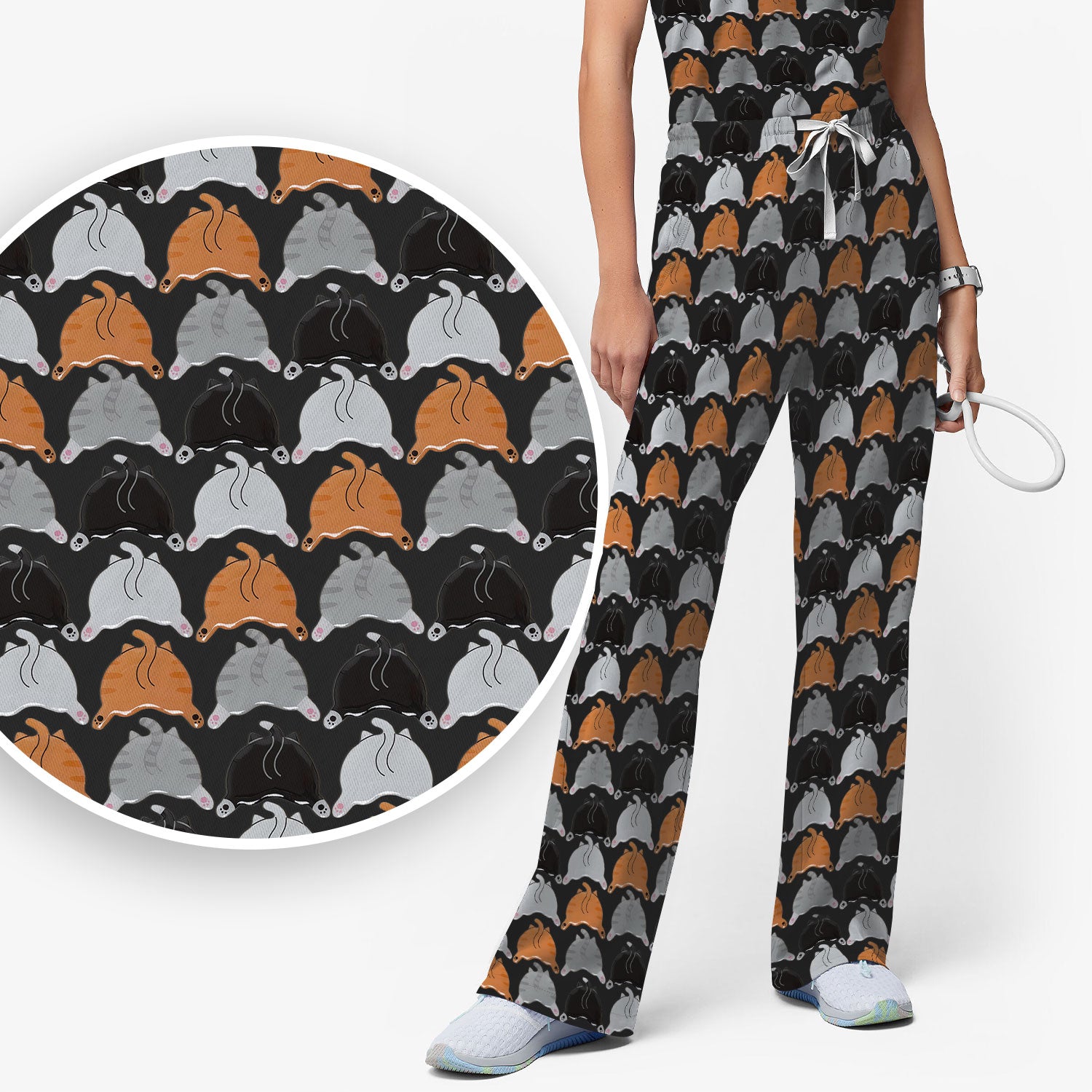 Playful Multicolor Cat Print Scrub Set, Breathable Med Uniform