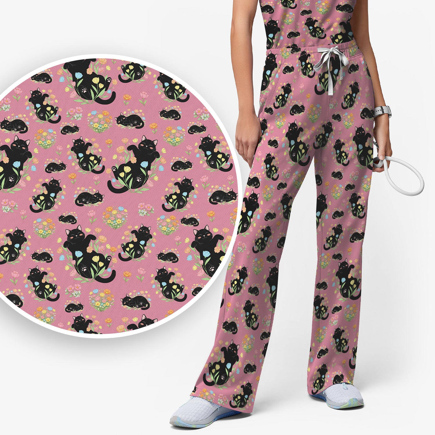 Cats With Cute Poses Floral Pattern Scrubs Sets, Scrub Pants and V Neck Top