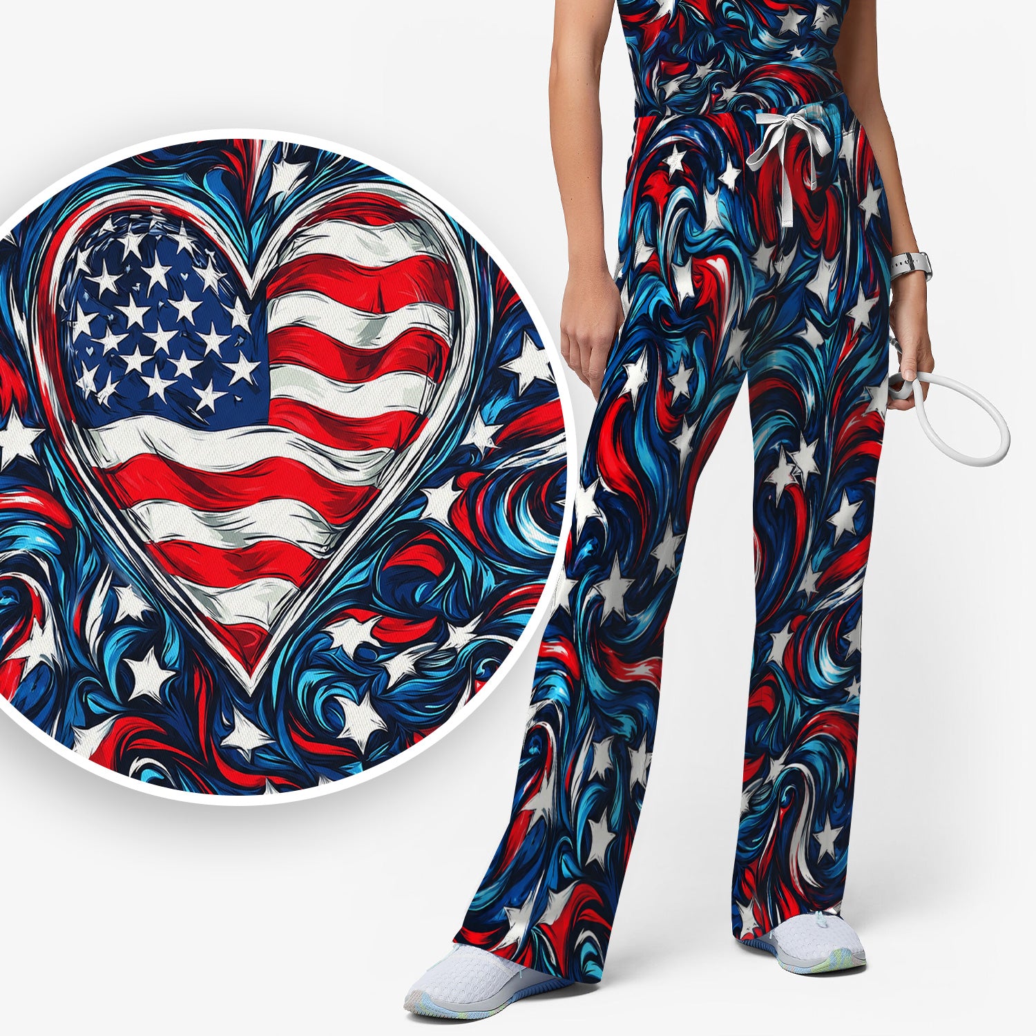 American Flag Heart Pattern Scrub Set, Scrub Pants and V Neck Top