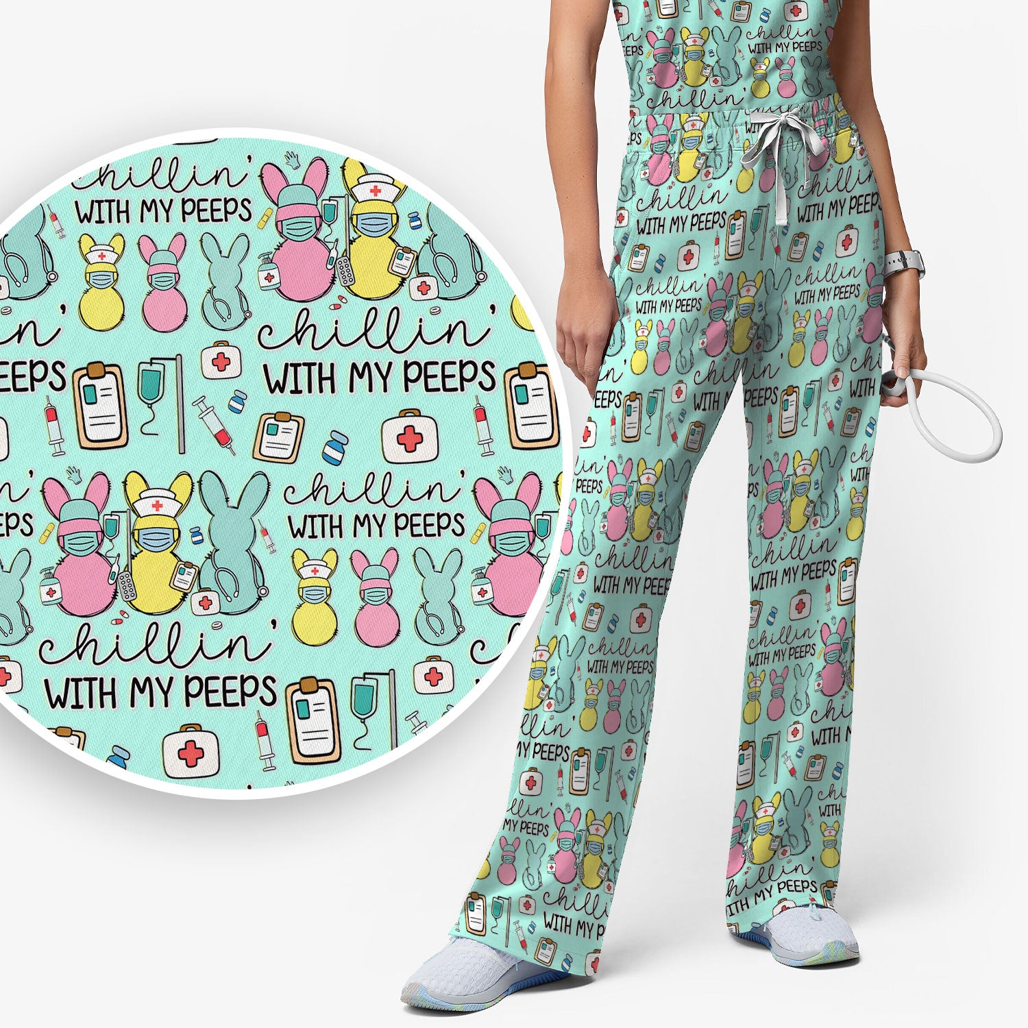 Cute Bunny Nurse Chillin With My Peeps Scrub, Women's Scrub Sets