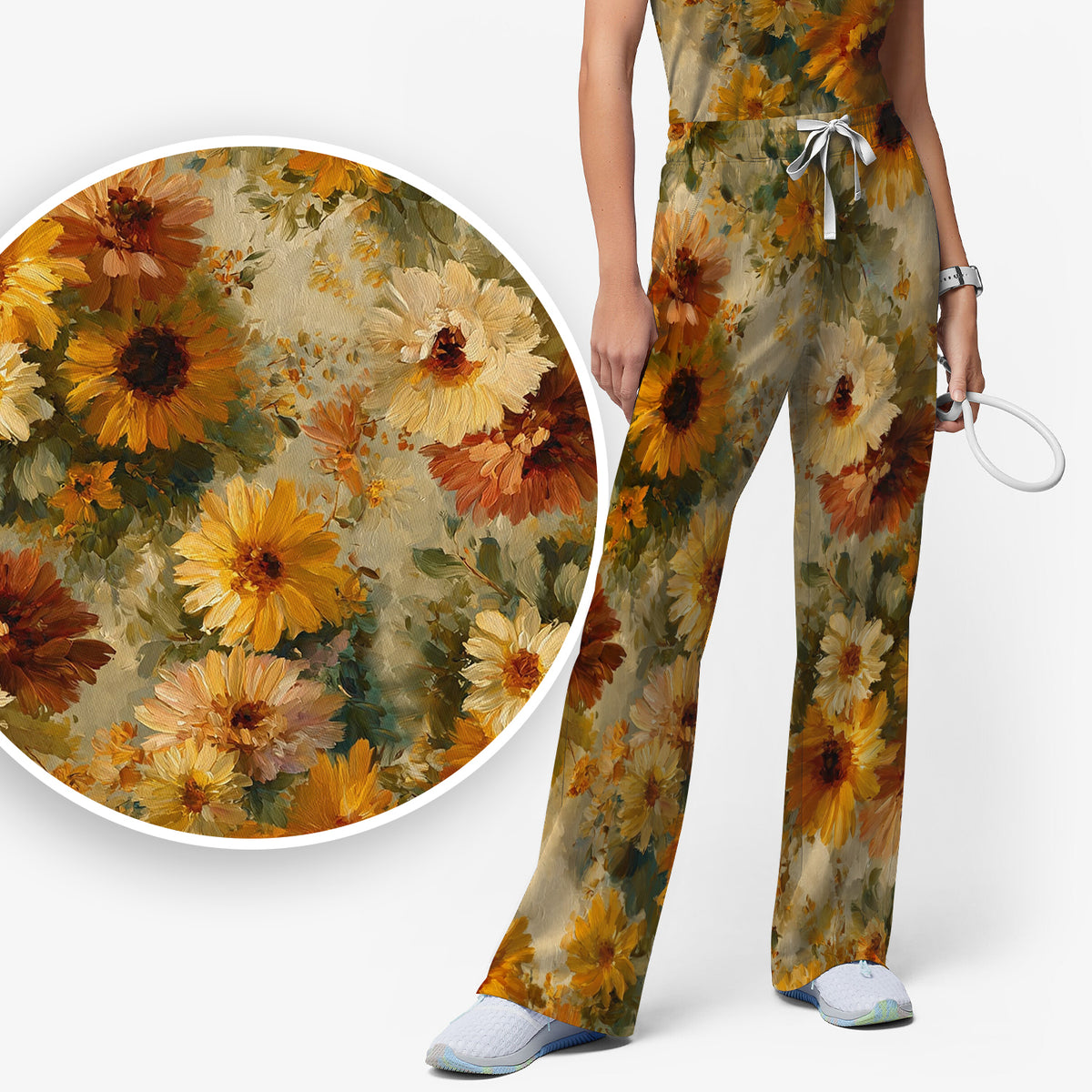 Vintage Sunflower Oil Painting Scrub Set, Scrub Pants and V Neck Top
