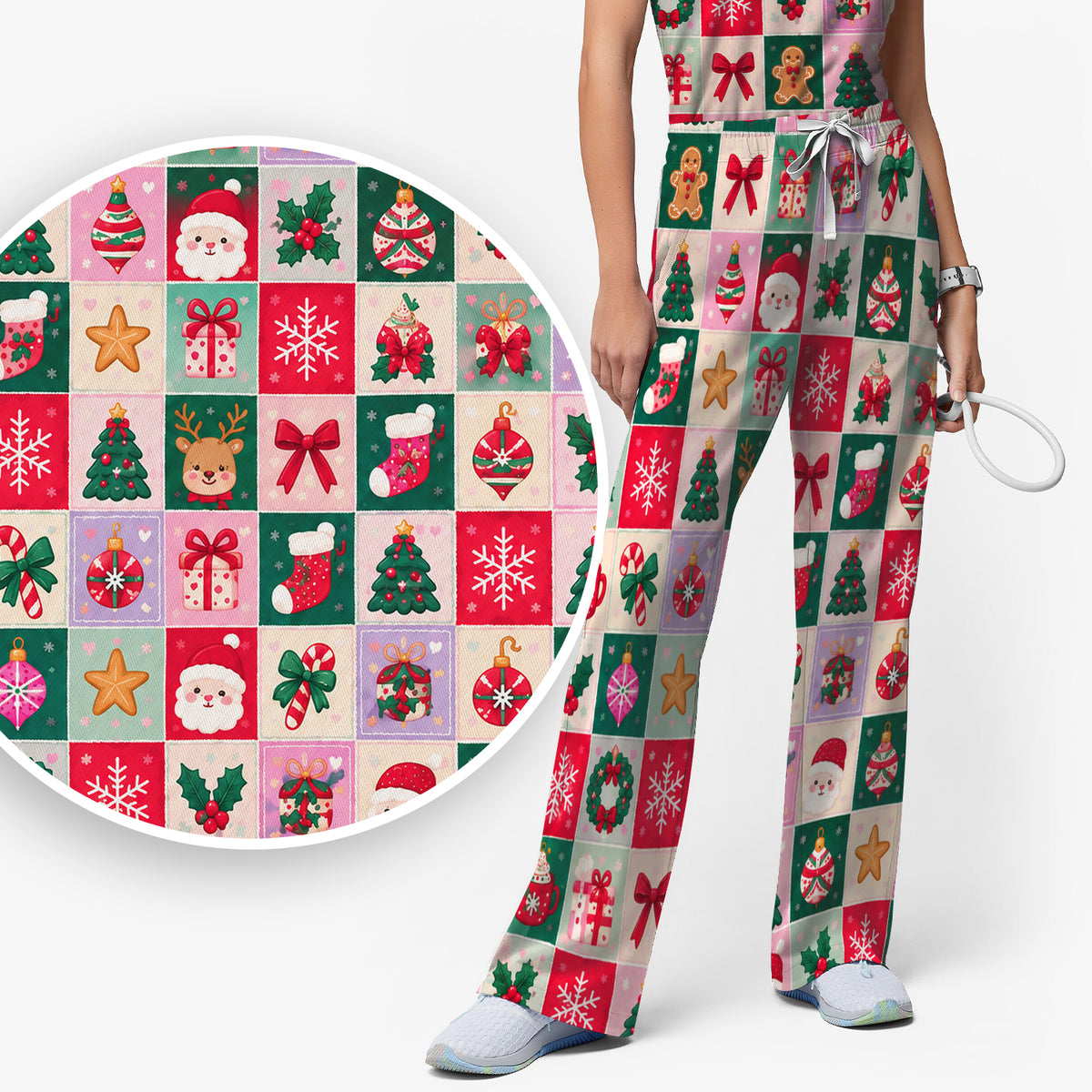 Cute Christmas Santa Patchwork Scrub Set, Scrub Pants and V Neck Top