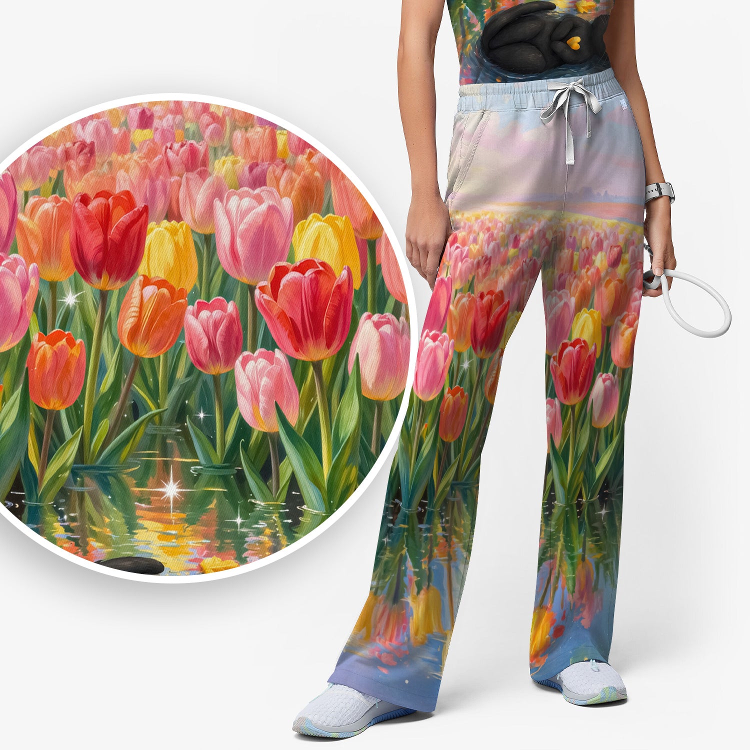 Sleeping Black Cat In Tulip Flower Field Scrub Set, Scrub Pants and V Neck Top