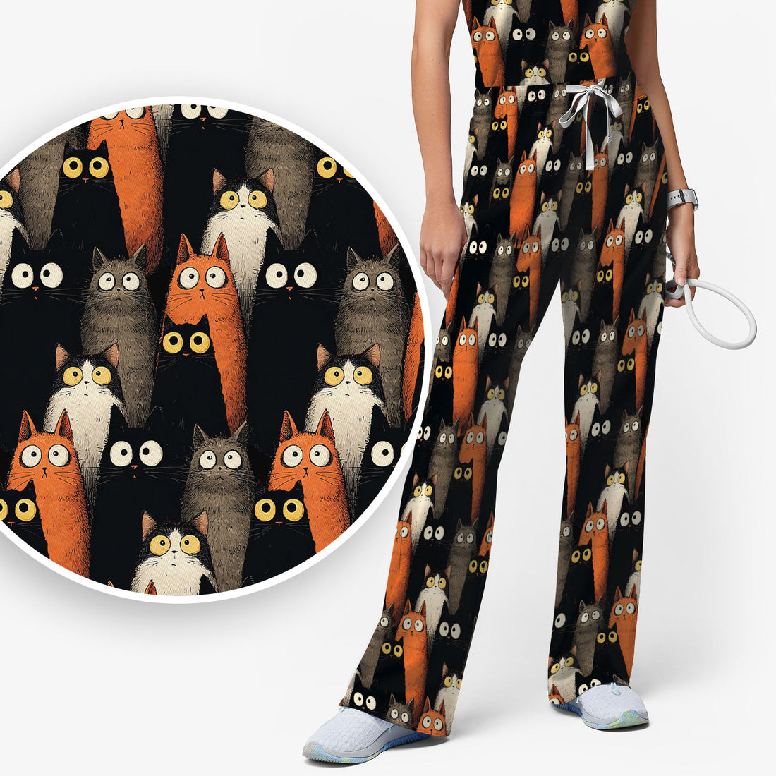 Black Cat Pattern Nurse Scrub Set, Cat Lover Nurse Shirt, Breathable Fabrics Nursing Uniform
