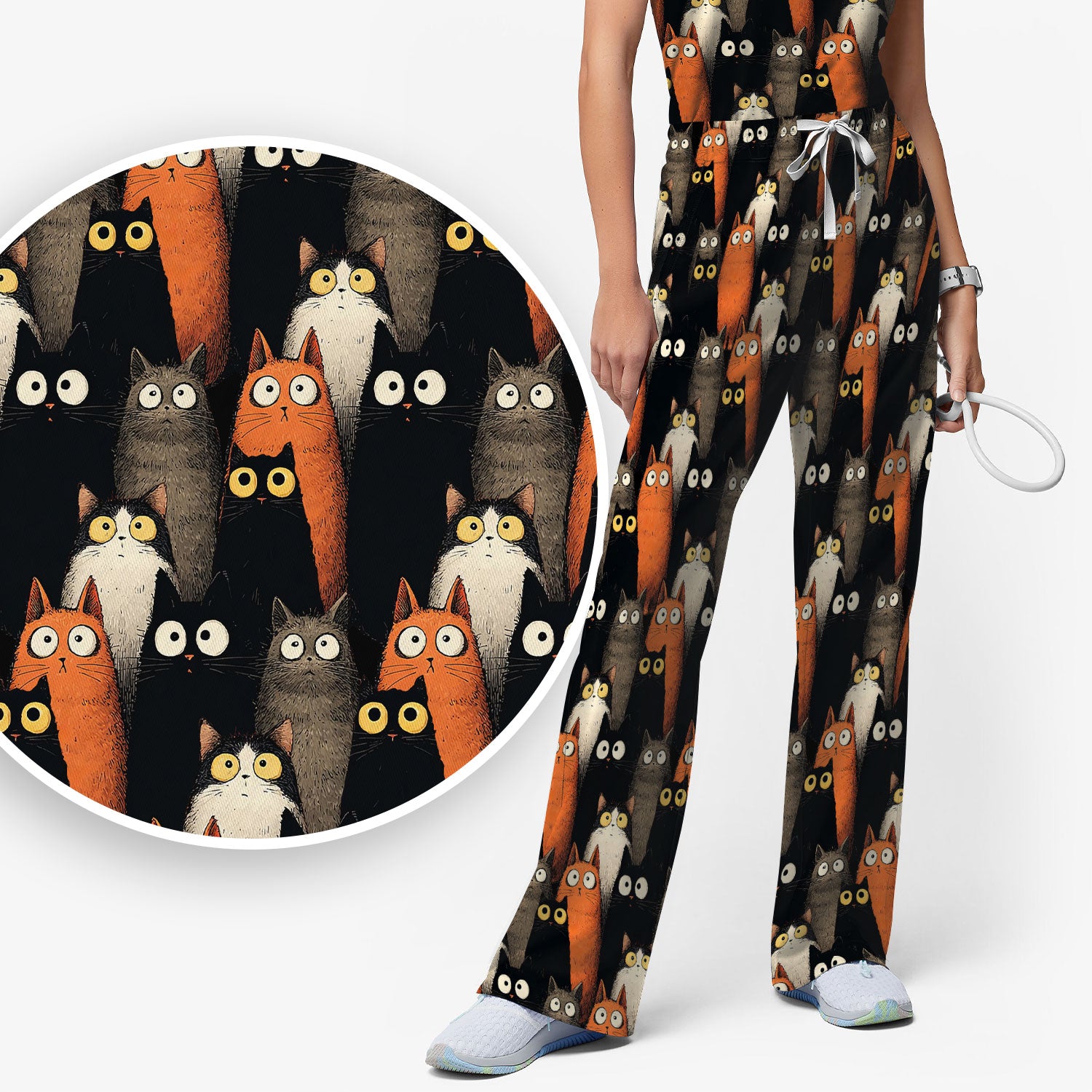 Black Cat Pattern Nurse Scrub Set, Cat Lover Nurse Shirt, Breathable Fabrics Nursing Uniform