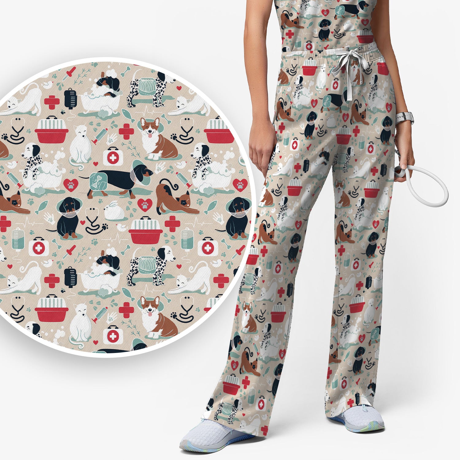 Dogs With Veterinary Tools And Paw Print Scrub Set, Breathable Med Uniform