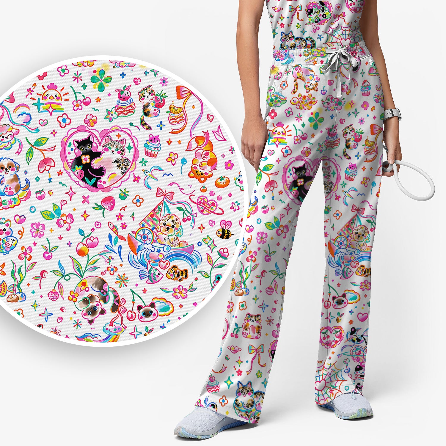 Colorful Kawaii Cat Heart Doodle Pattern Scrub Set, Scrub Pants and V Neck Top