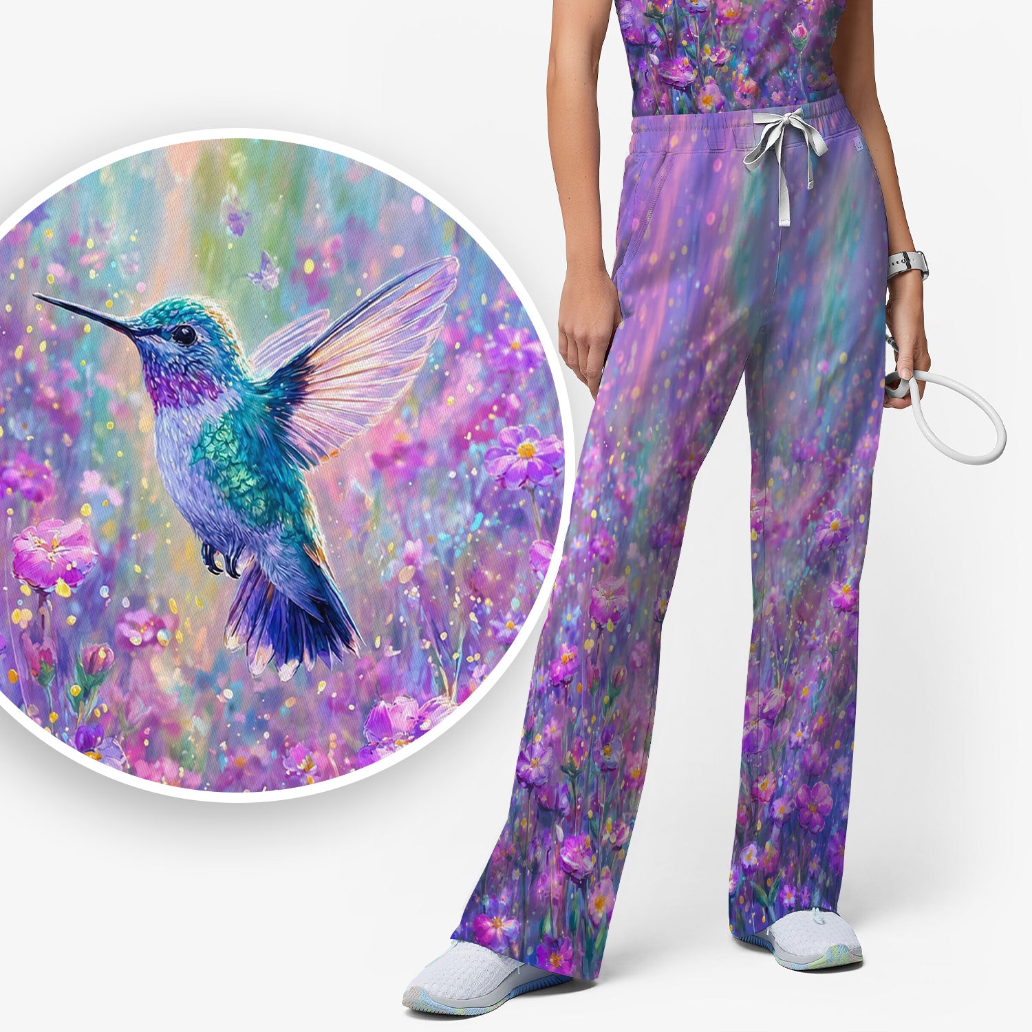 Watercolor Hummingbird with Purple Floral Garden Print Scrub Set, Scrub Pants and V Neck Top